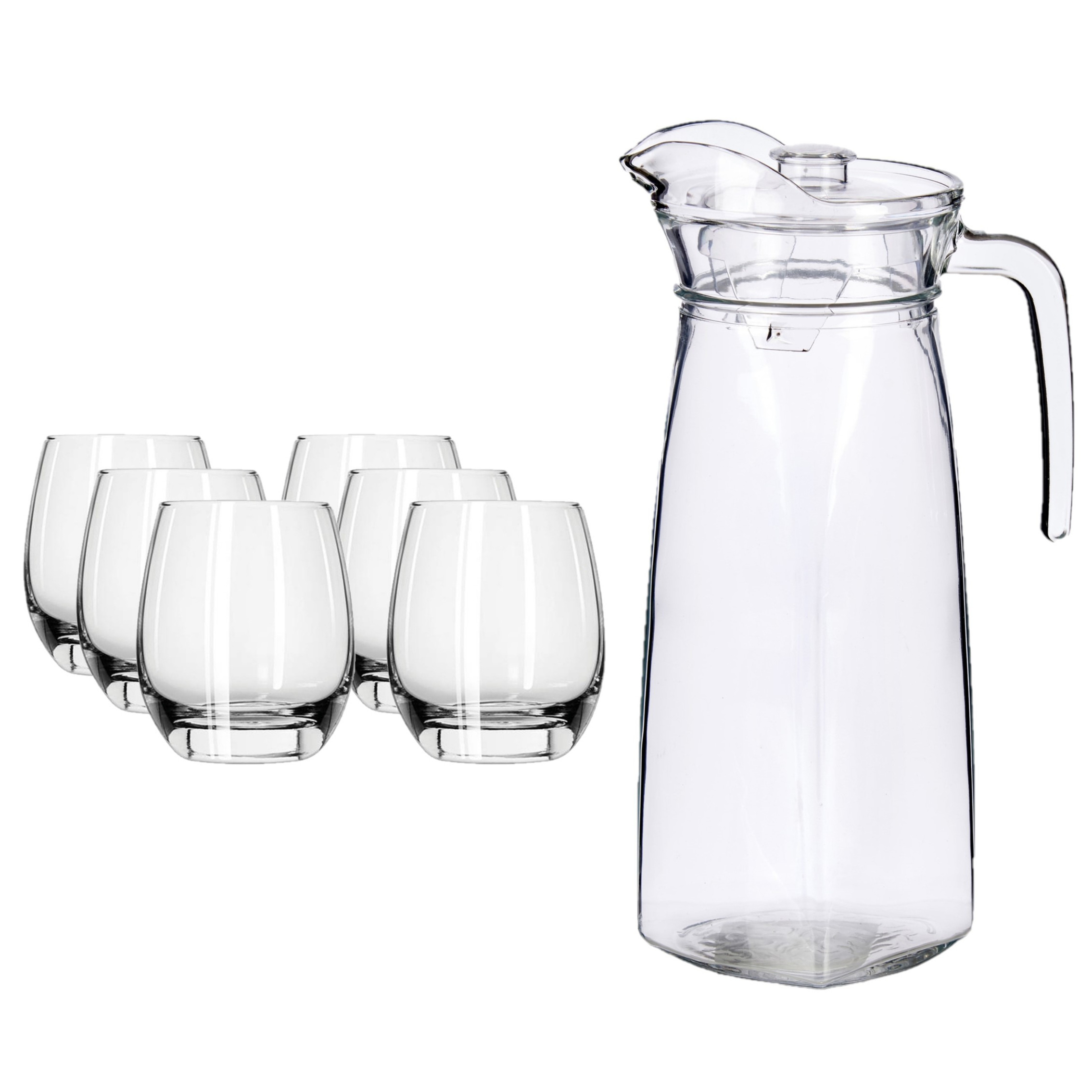 Vivalto Glazen karaf/schenkkan met deksel van 1,4 liter met 6x stuks drinkglazen/waterglazen 330 ml -