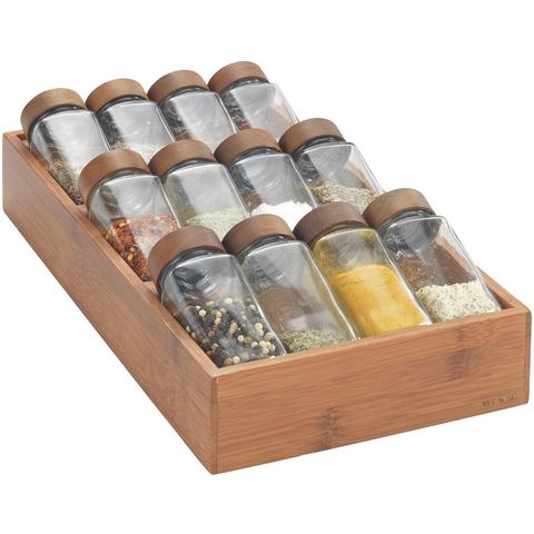 Wenko Kruidenrekje Met 12 glazen specerijpotjes van bamboe, glazen kruidenstrooier met bamboedeksel, fsc-gecertificeerd (set, 13 stuks)