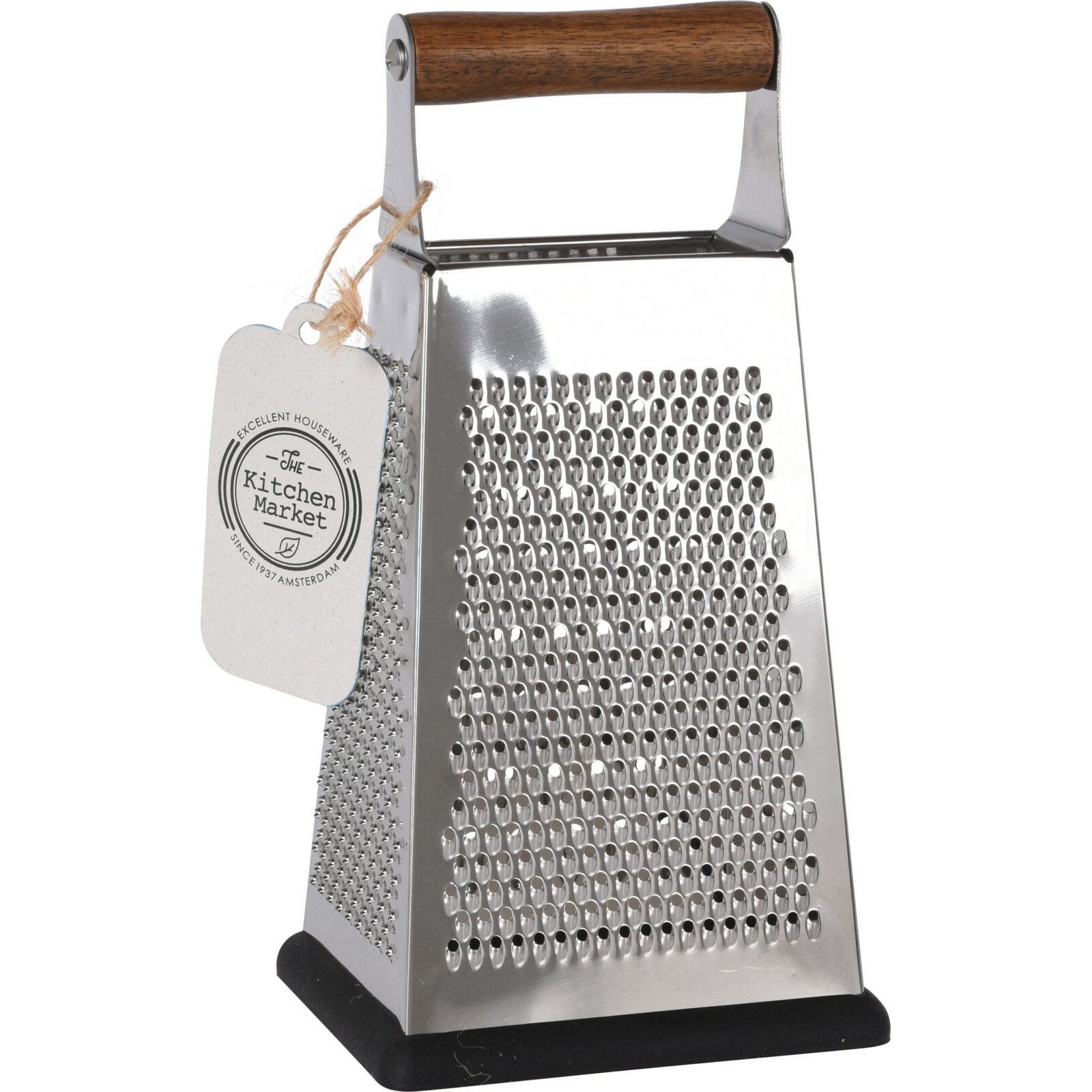 Excellent Houseware RVS keuken rasp 4-zijdig met houten handvat en anti-slip bodem - H22cm -