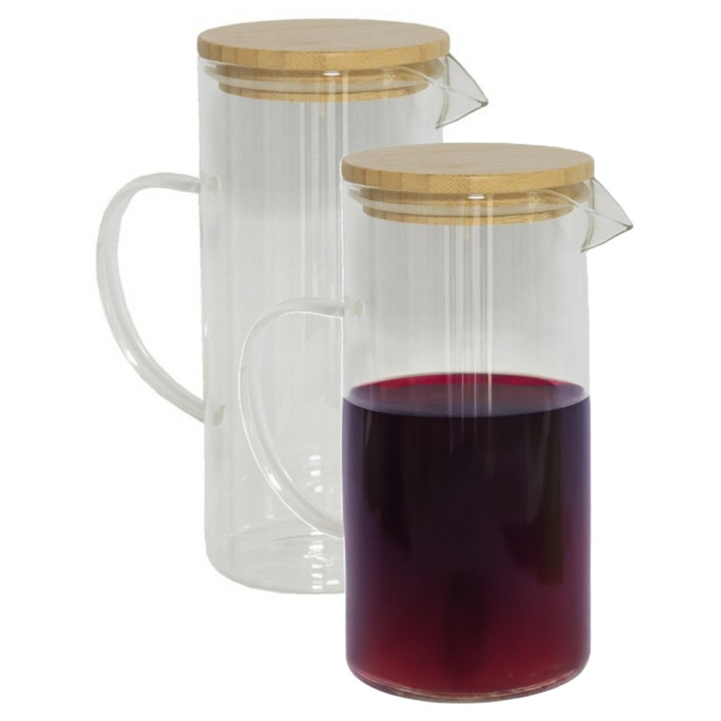 Gerimport Sapkan/schenkkan karaf met deksel - 2x - 1.5 liter/1500 ml - transparant - glas - bamboe deksel -