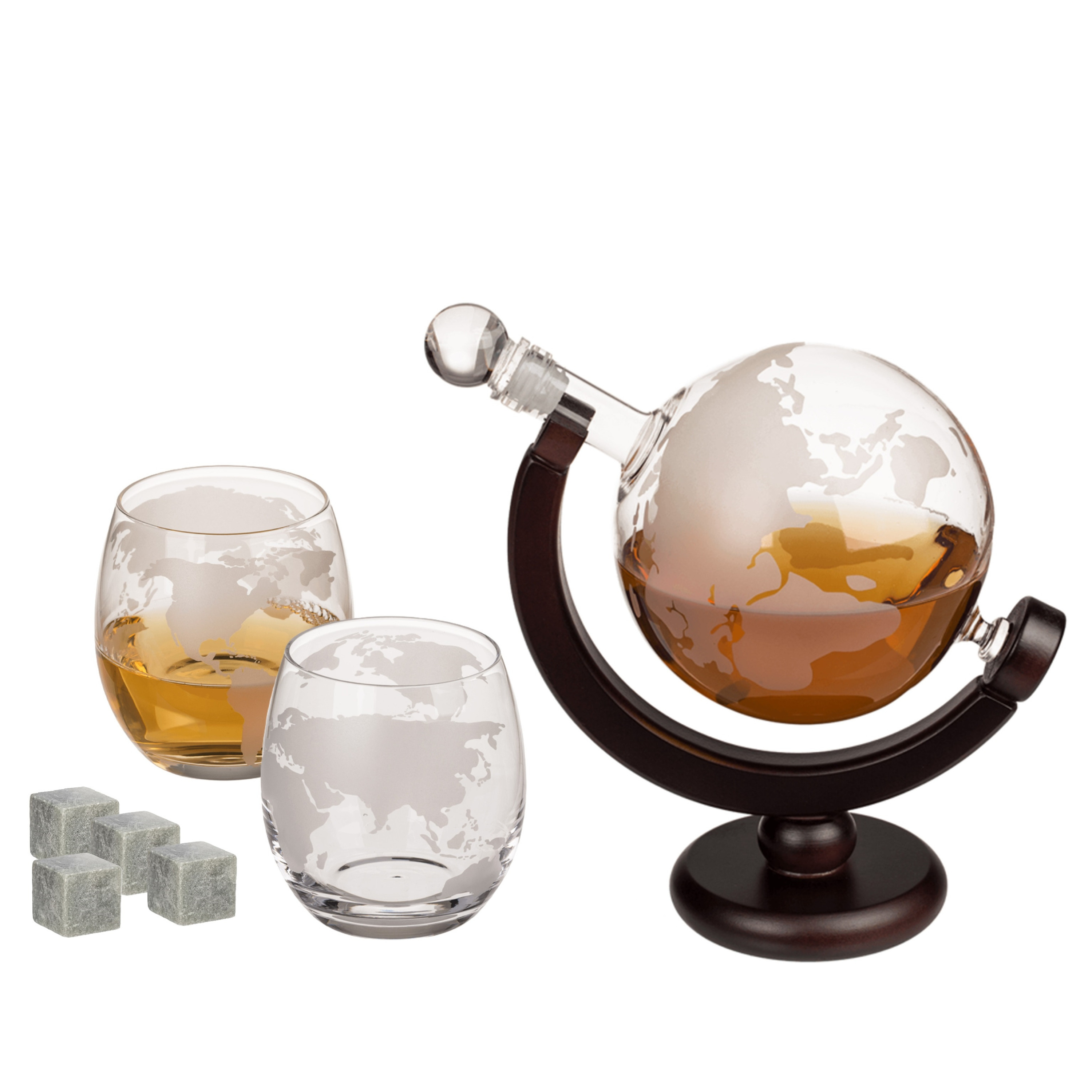 Merkloos Whiskey karaf cadeau set - met 2 glazen en koelstenen - 850 ml - wereldbol -