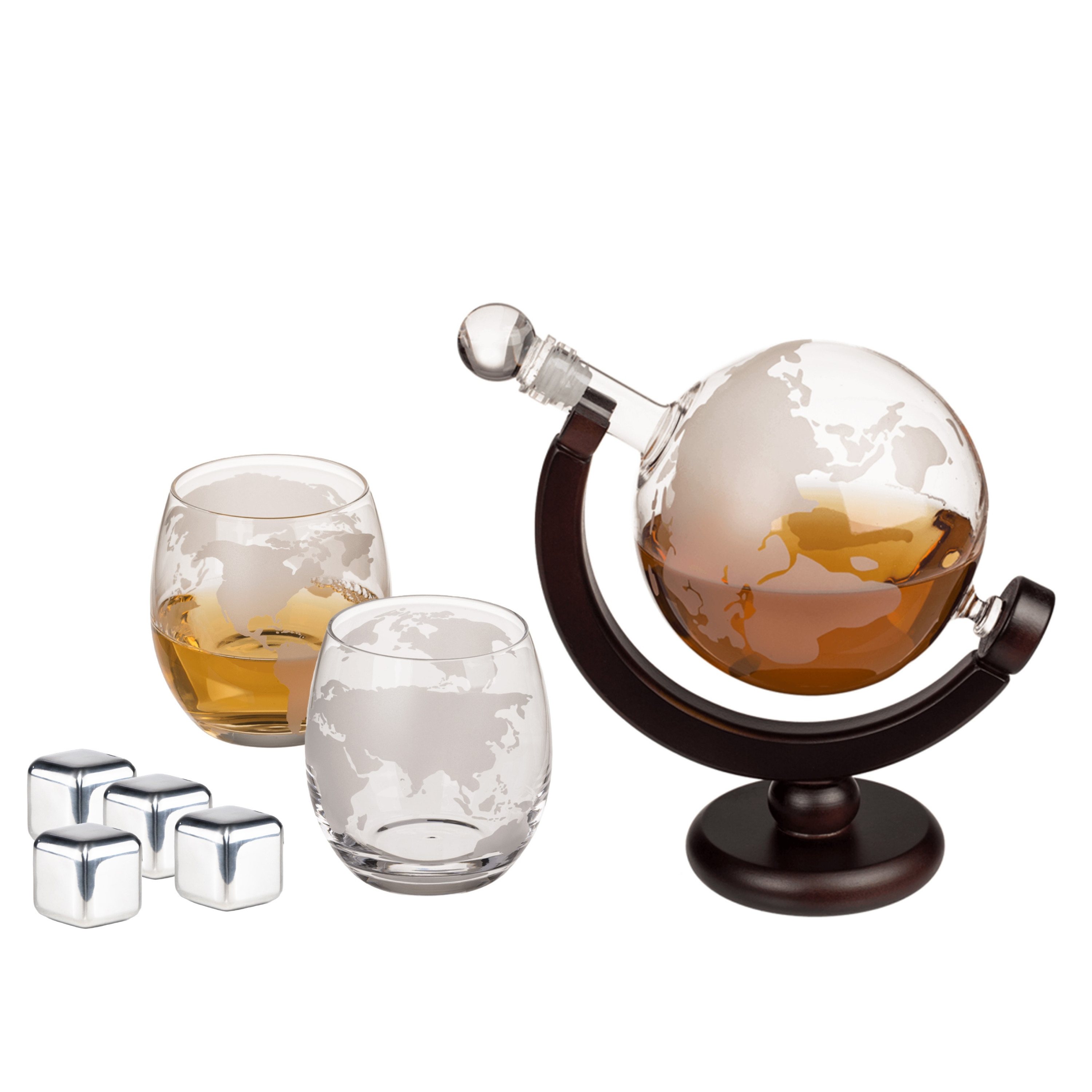 Merkloos Whiskey karaf cadeau set - met 2 glazen en koelstenen - 850 ml - wereldbol -