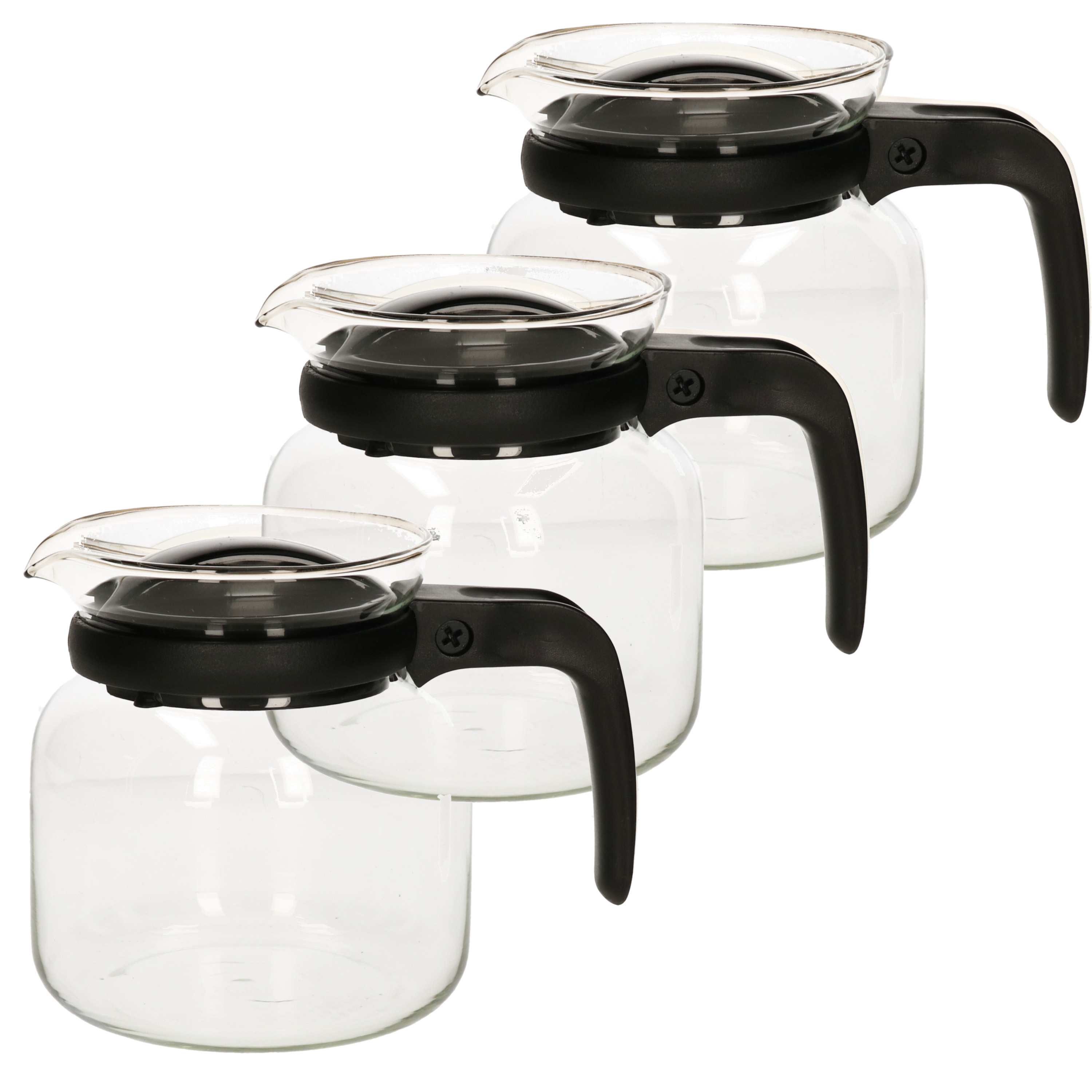 Gerimport Theepot - 3x stuks - glas - kunststof deksel - zwart - 1 liter - theekan -