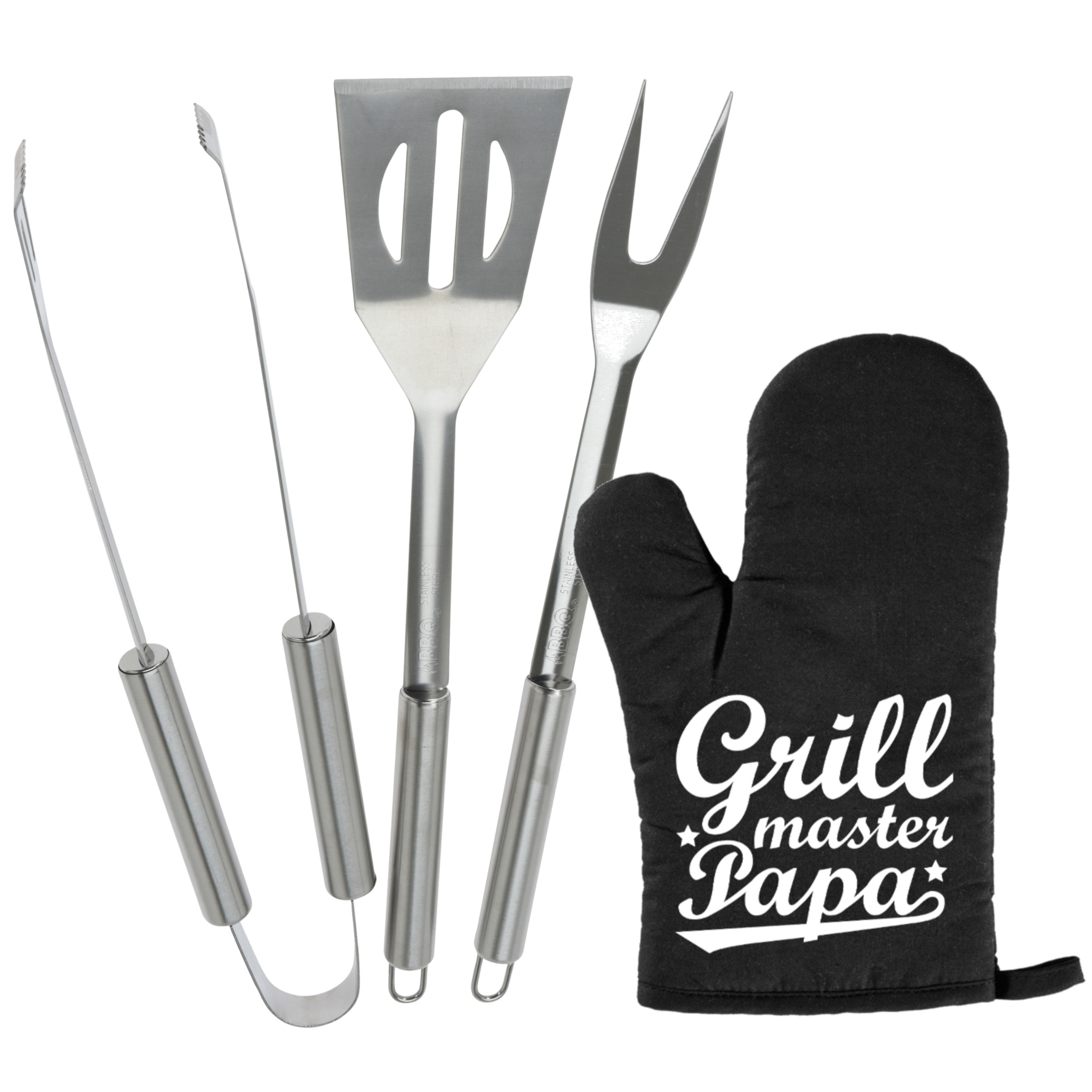 Merkloos BBQ/barbecue gereedschap set 3-delig RVS met BBQ handschoen Grillmaster papa -