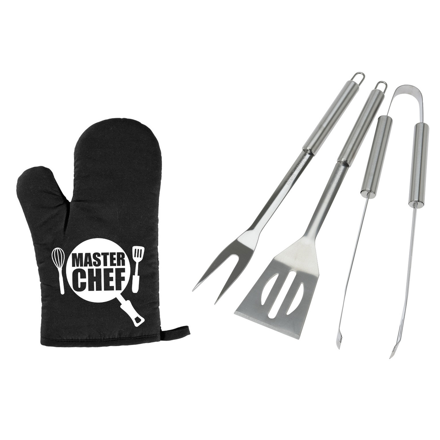 Merkloos BBQ/barbecue gereedschap set 3-delig RVS met BBQ handschoen Masterchef -