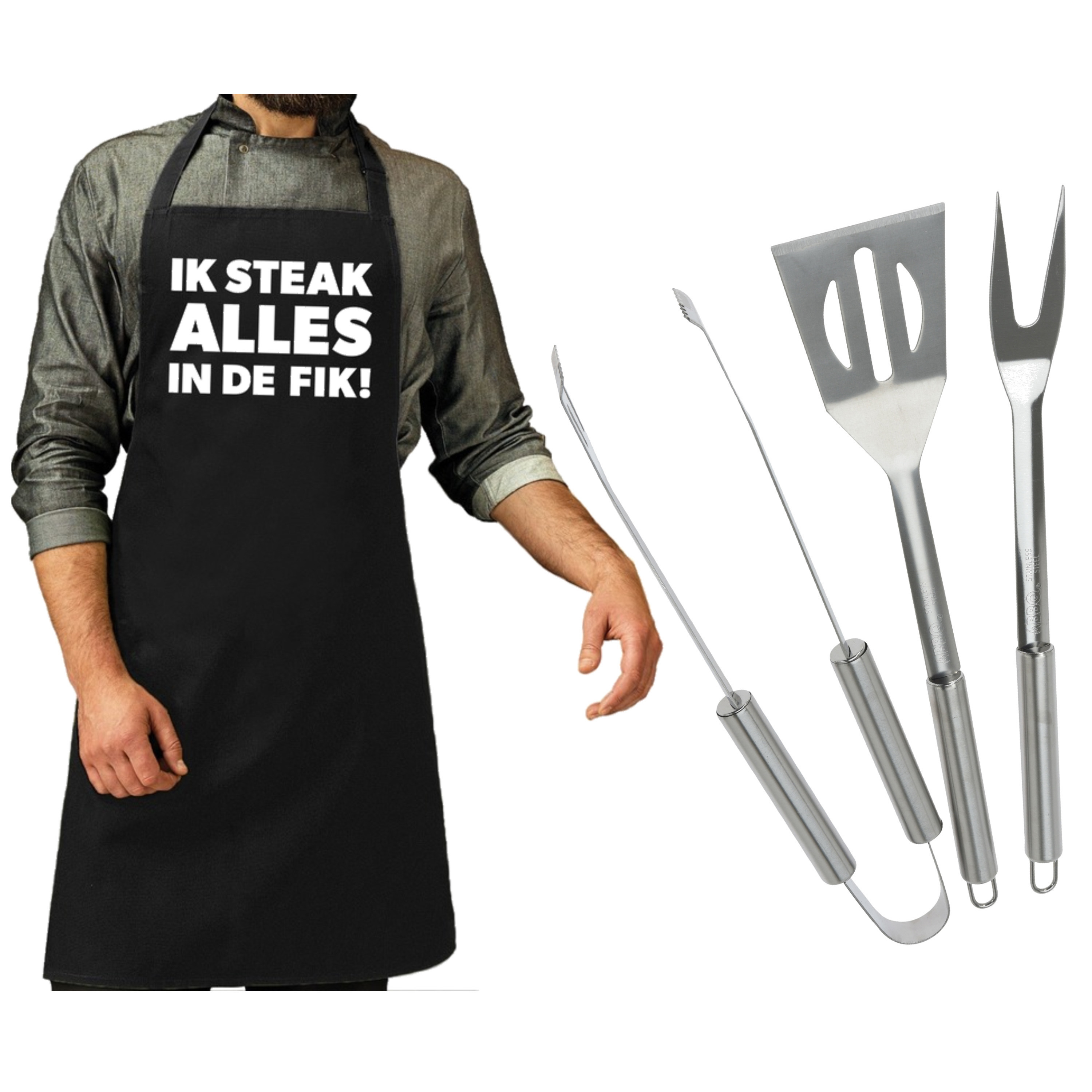 Merkloos BBQ/barbecue gereedschap set 3-delig RVS met zwart schort Ik steak alles in de fik! -