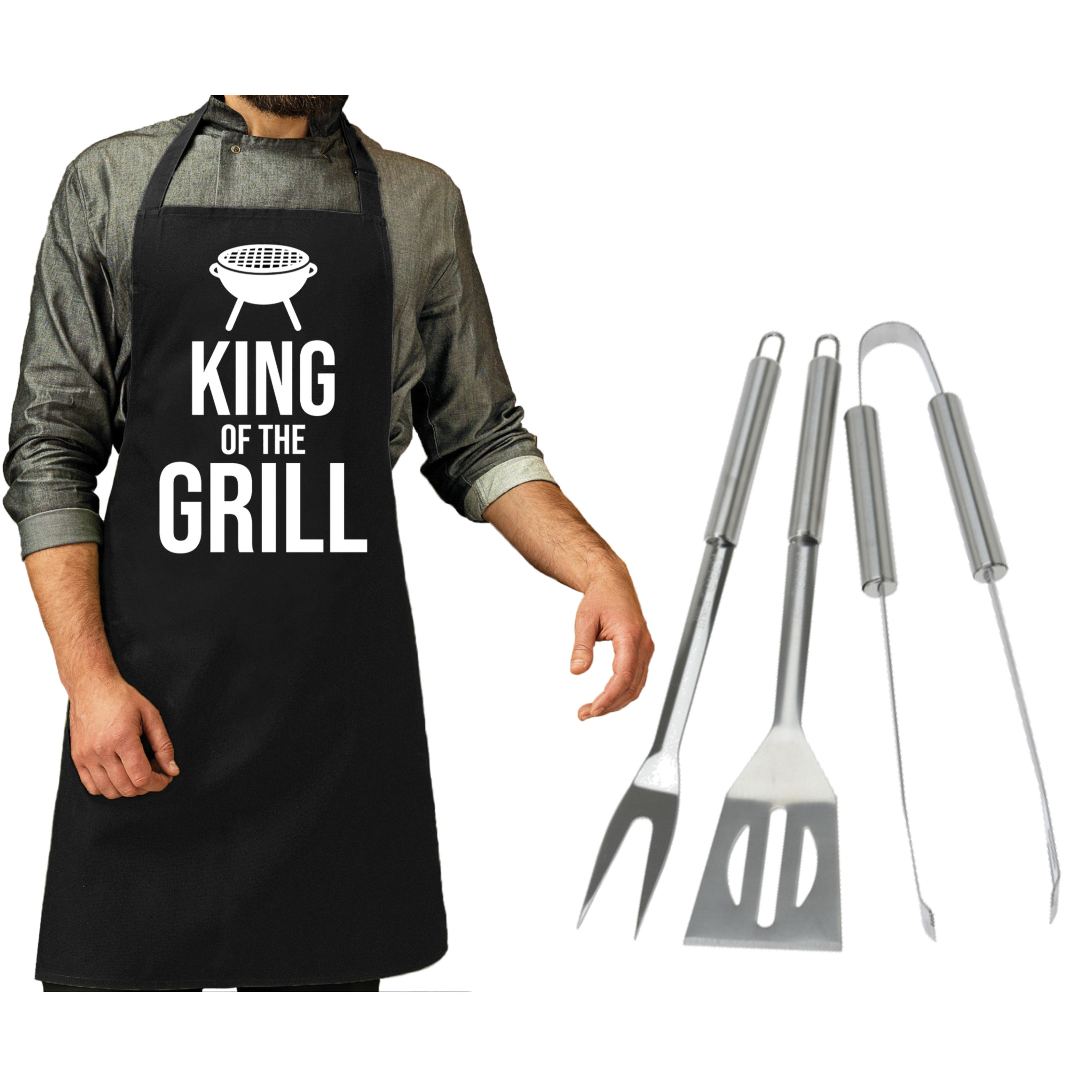 BBQ Collection BBQ/barbecue gereedschap set 3-delig RVS met zwart schort King of the grill -