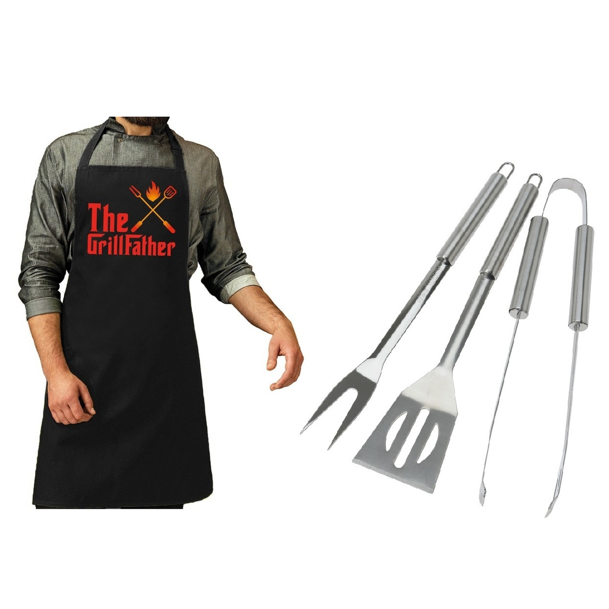 Merkloos BBQ/barbecue gereedschap set 3-delig RVS met zwart schort The GrillFather -