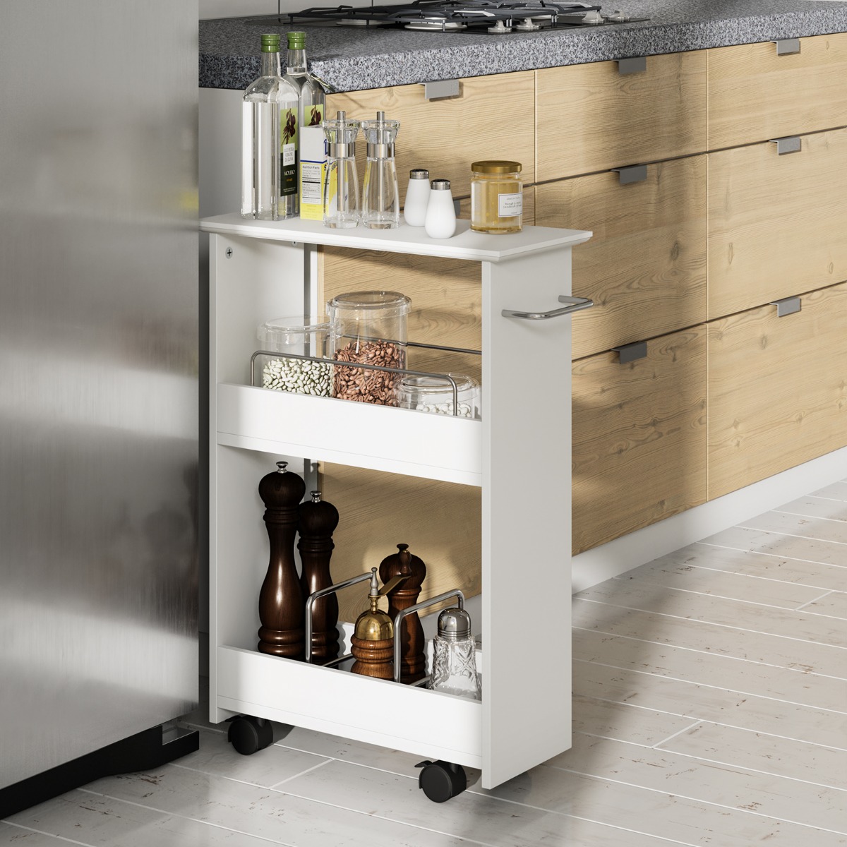 Costway Serveerwagen Keukenwagen met 3 Niveaus Handdoekhouder en Vergrendelbare Wielen voor Keuken/Badkamer/Woonkamer Wit