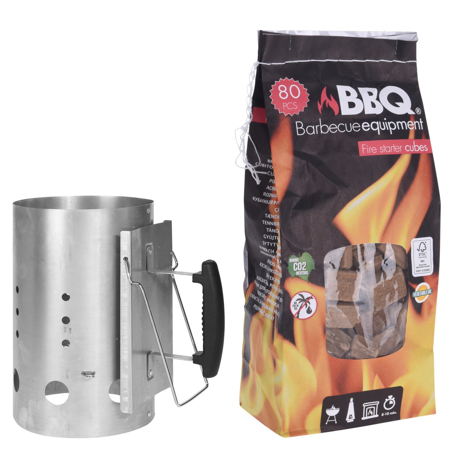 Merkloos BBQ briketten/houtskool starter met kunststoffen handvat 30 cm met 80x BBQ aanmaakblokjes -