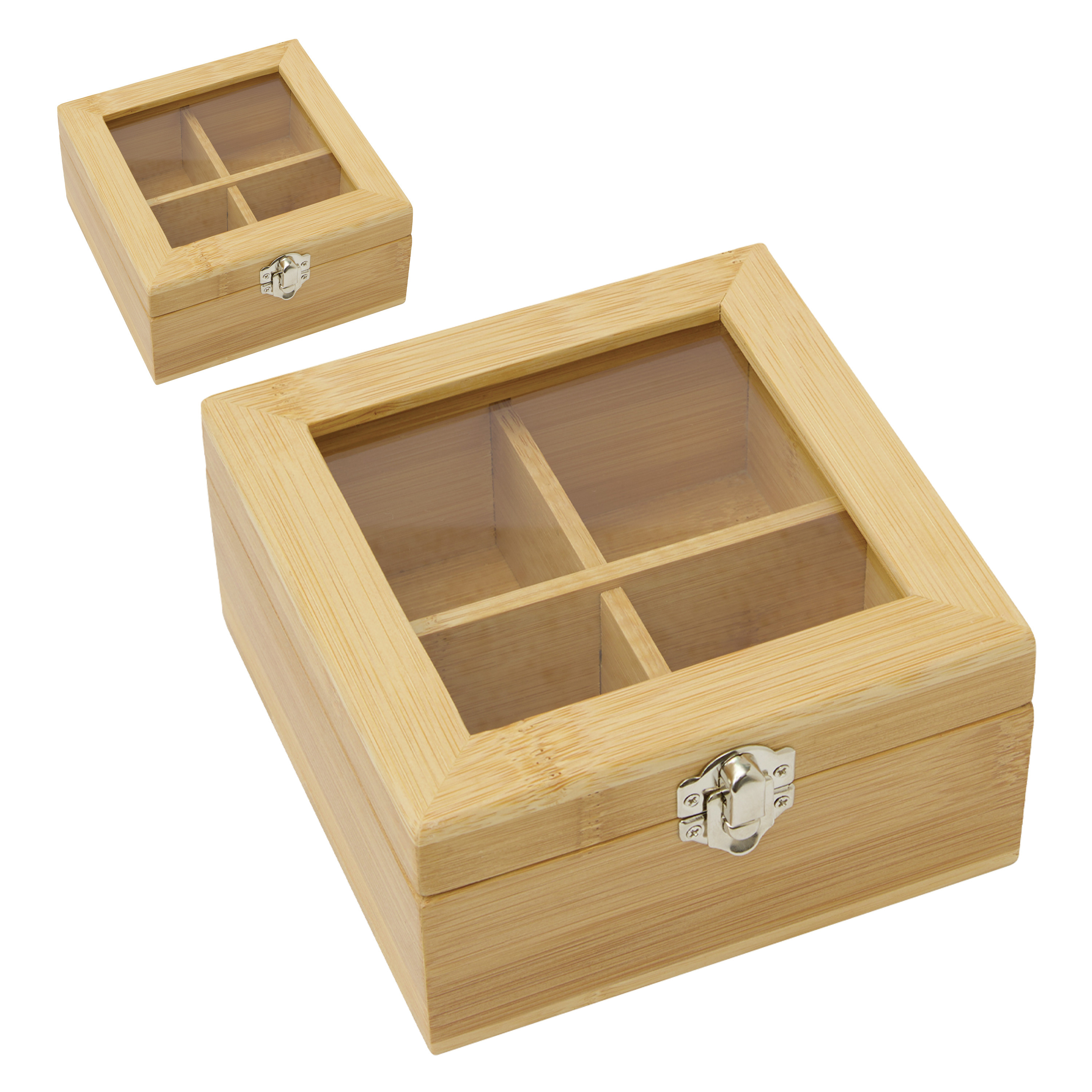 Bellatio Design Theedoos - 2x - 4-vaks - naturel - bamboe hout - 14 x 14 x 7.5 cm - theekist - glazen kijkvenster -