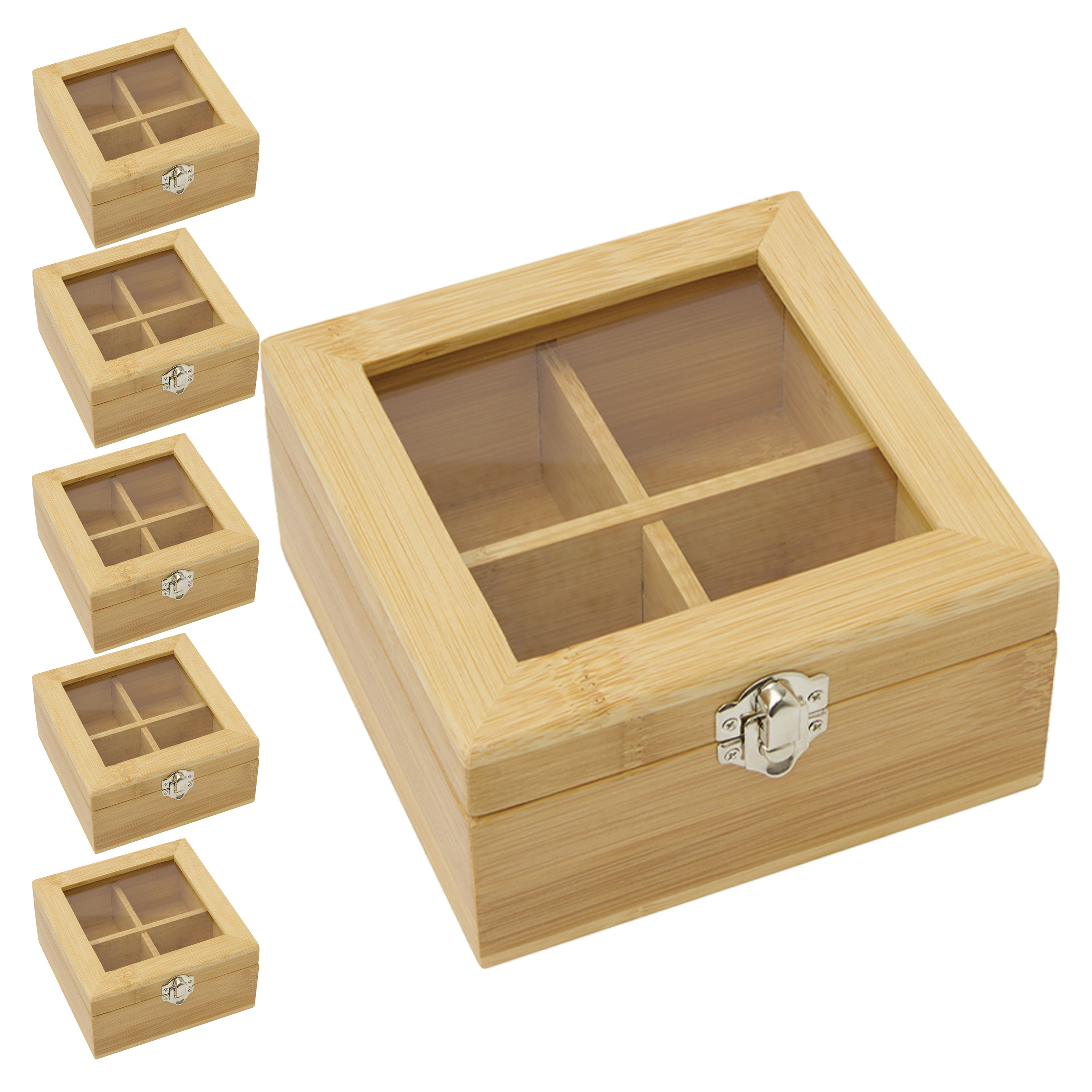Bellatio Design Theedoos - pakket 6x - 4-vaks - naturel - bamboe hout - 14 x 14 x 7.5 cm - theekist -