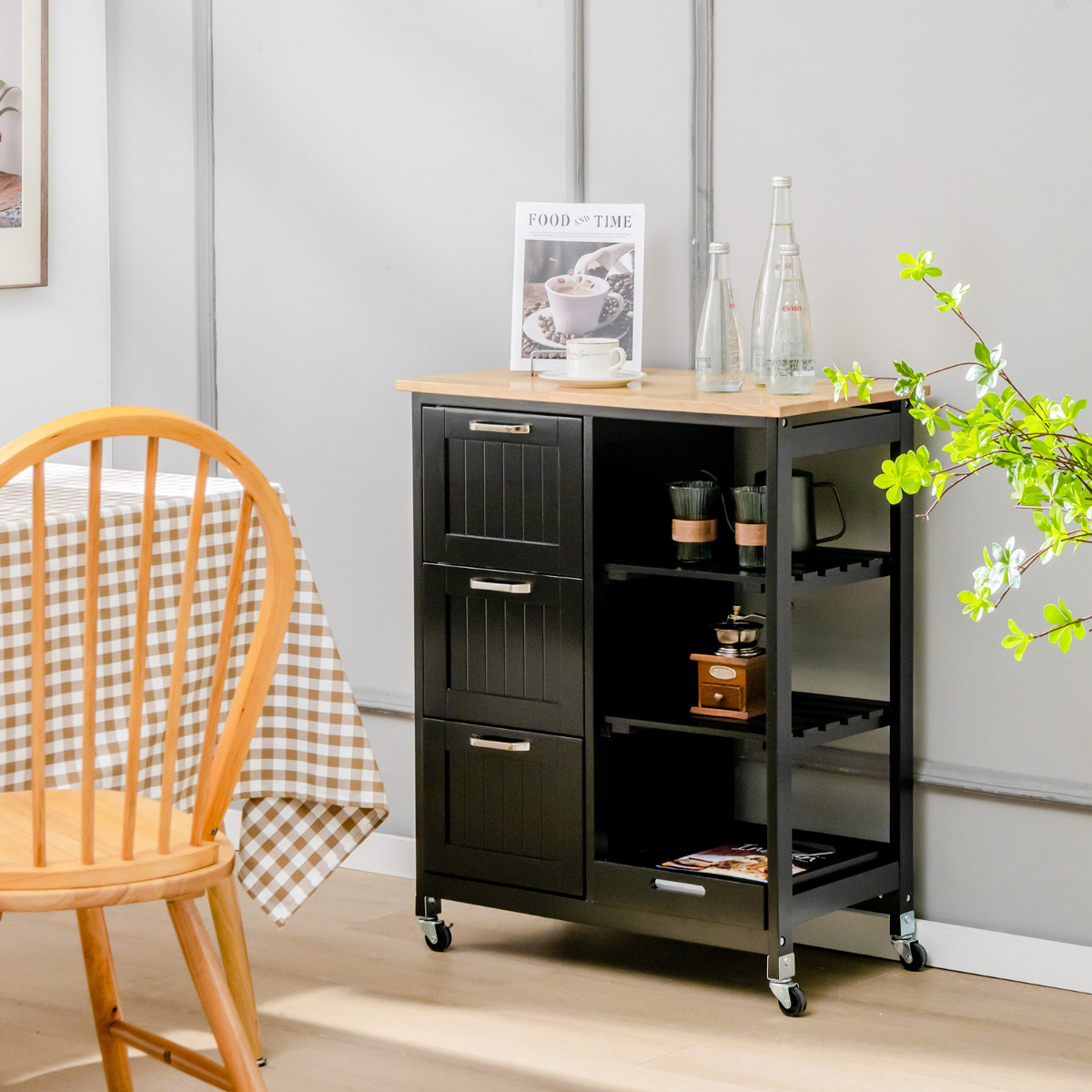 Costway Multifunctionele Trolley Keukeneiland op Wielen met Opbergruimte 67 x 37 x 84 cm Zwart