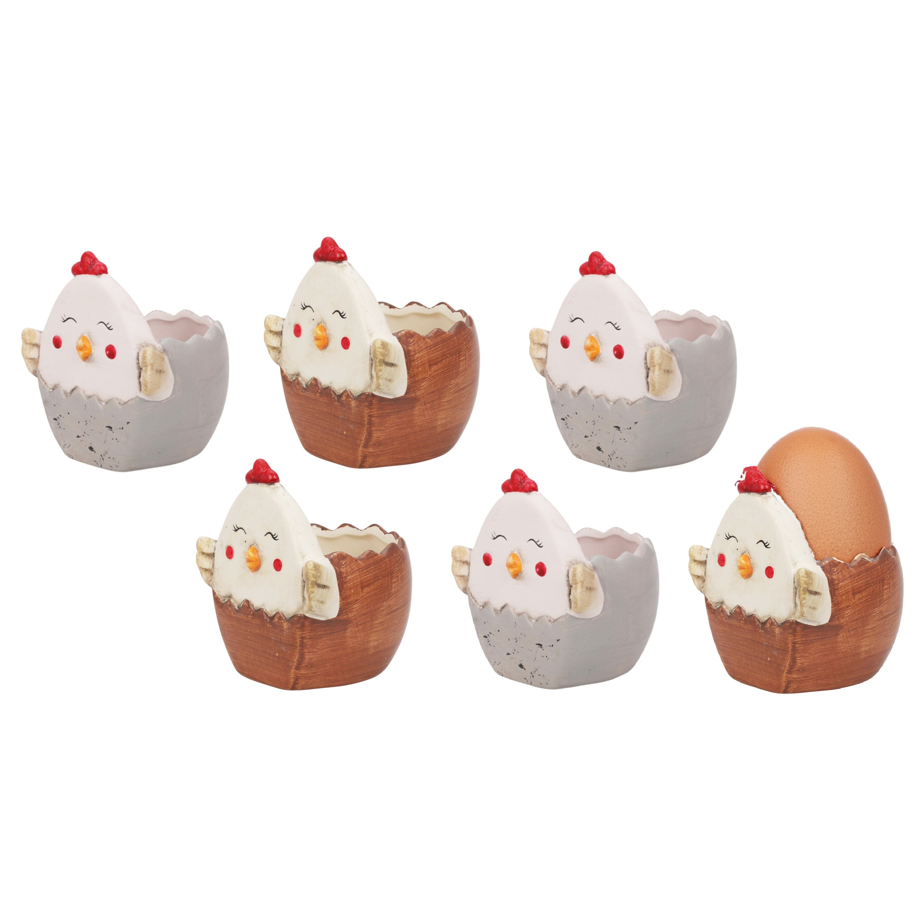 Bellatio Design Eierdopjes Kippen - set van 6x - grijs/bruin - keramiek - 6x5 cm -