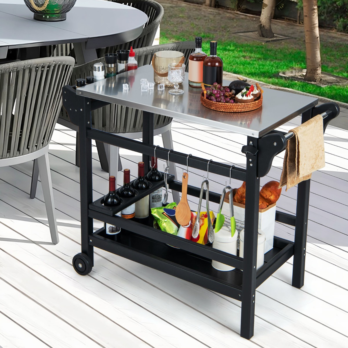 Costway Grillwagen van HDPE voor Buiten Grilltafel voor Barbecue met Handvat en Wielen Roestvrij Stalen Dienblad Kruidenrek Flessenhouder