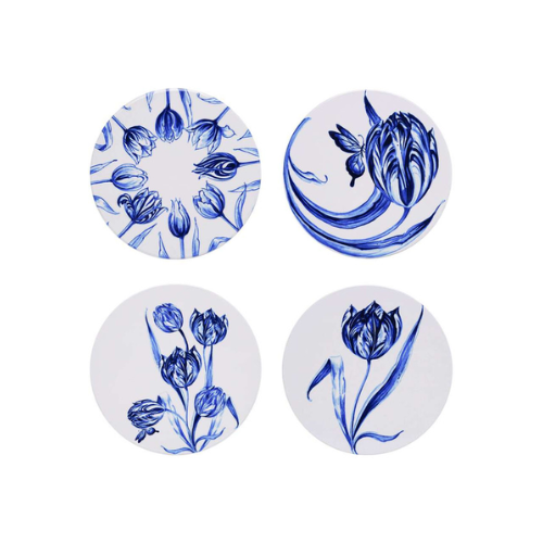 Heinen Delftsblauw Heinen Delfts Blauw onderzetters vrolijke tulpen set van 4