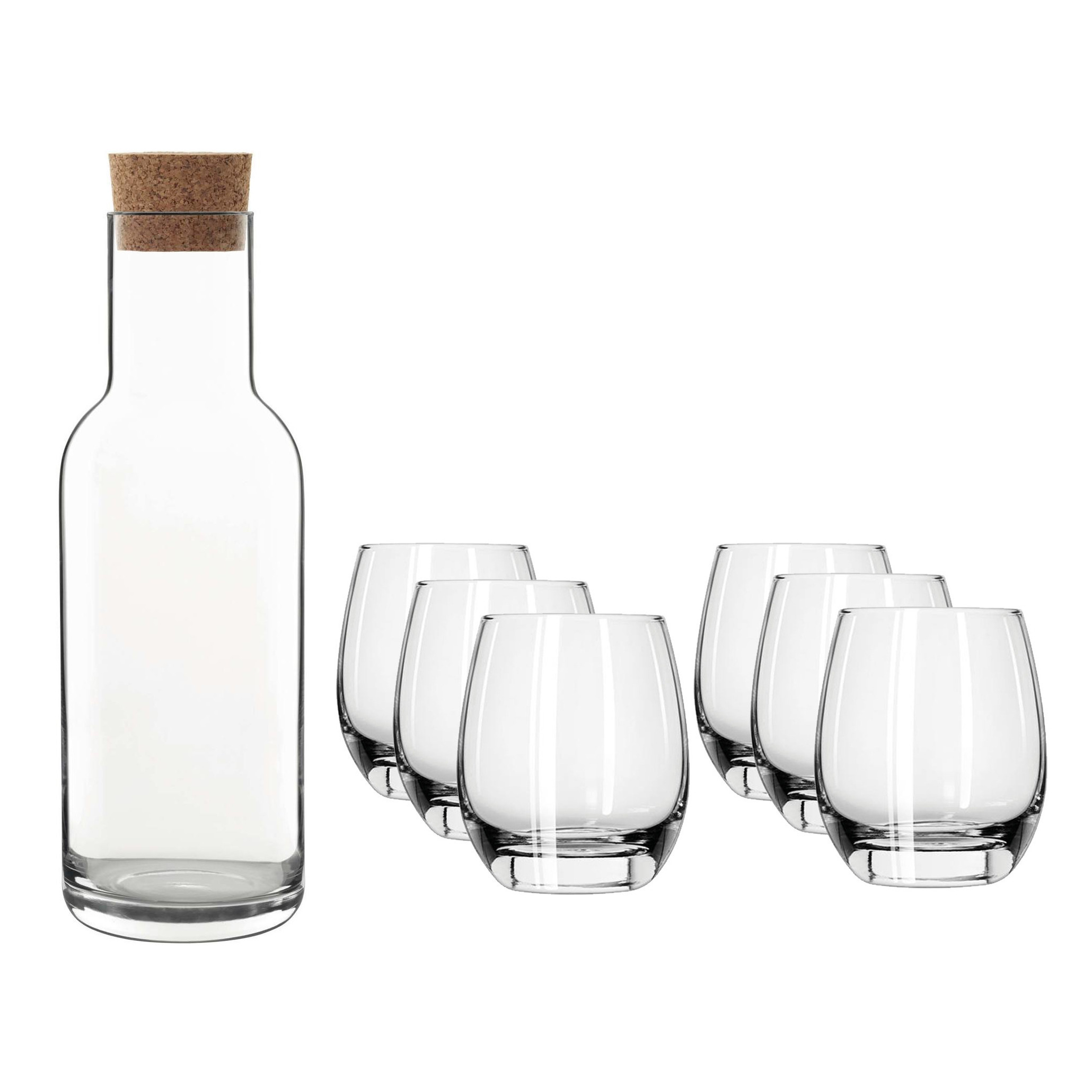 Luigi Bormioli Glazen karaf/schenkkan met kurken dop van 1 liter met 6x stuks drinkglazen/waterglazen 330 ml -