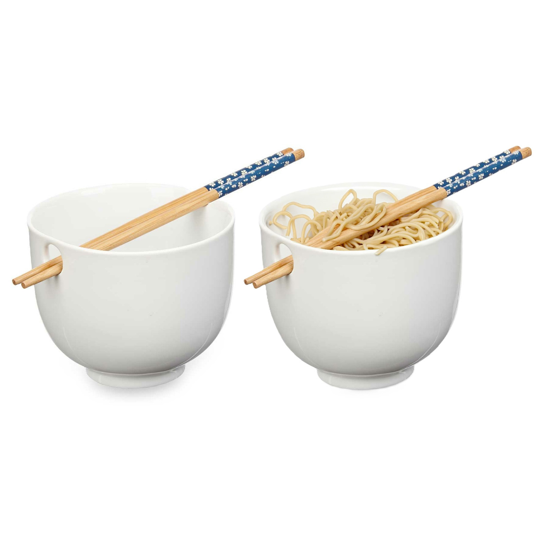 Kinvara Pokebowl/ramen/noedels servies set - 2x - kommetje en chopsticks - keramiek - wit - sushi eet set -