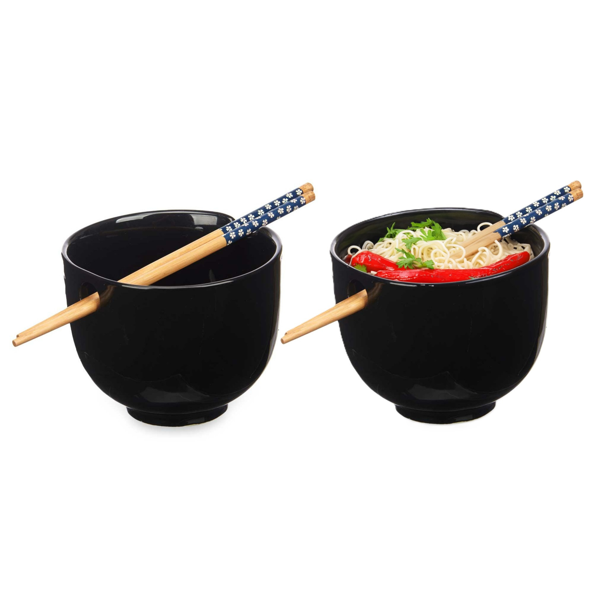 Kinvara Pokebowl/ramen/noedels servies set - 2x - kommetje en chopsticks - keramiek - zwart - sushi eet set -