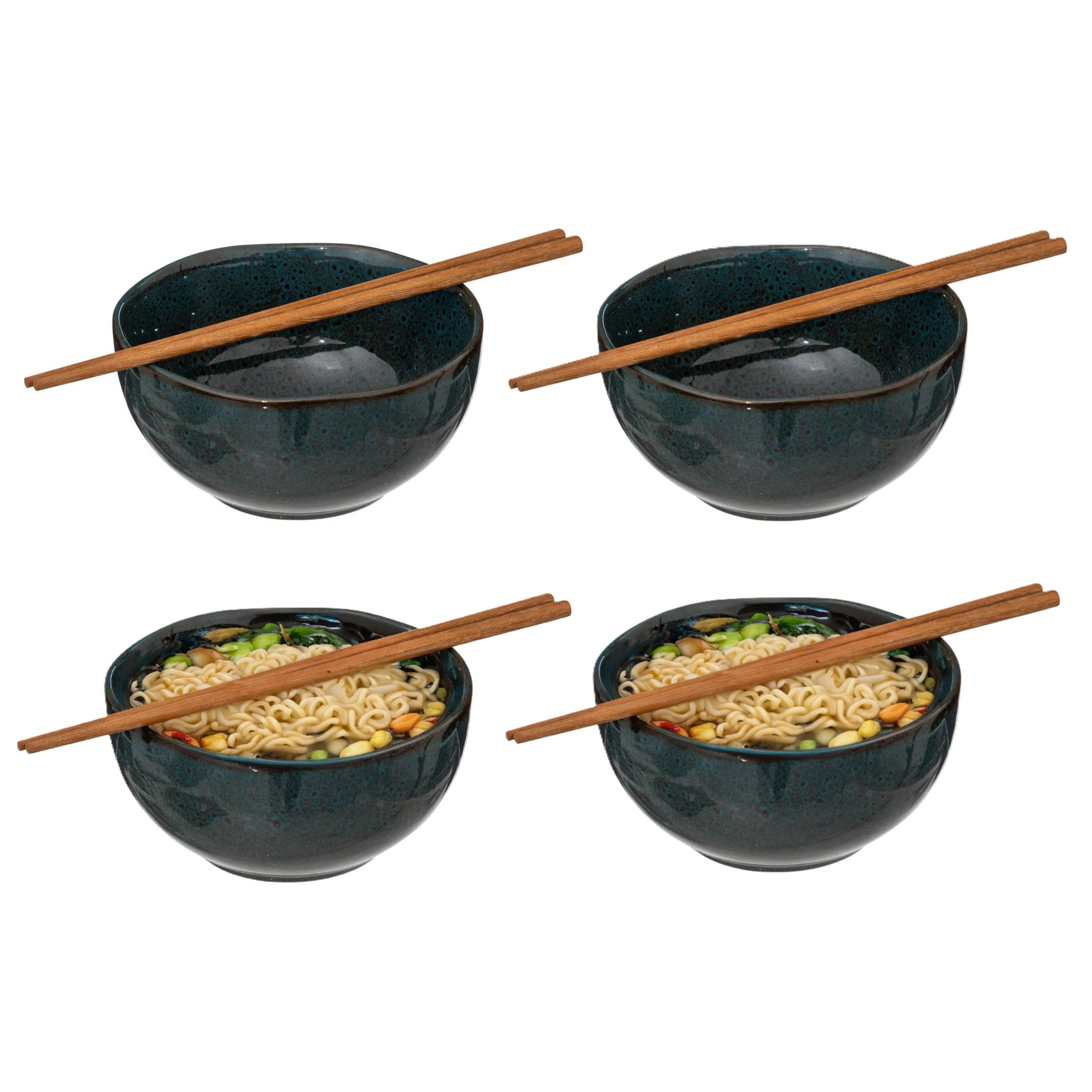 Secret de Gourmet Pokebowl/noedels servies - 4x stuks kommetjes met chopsticks - kunststeen - jade groen -