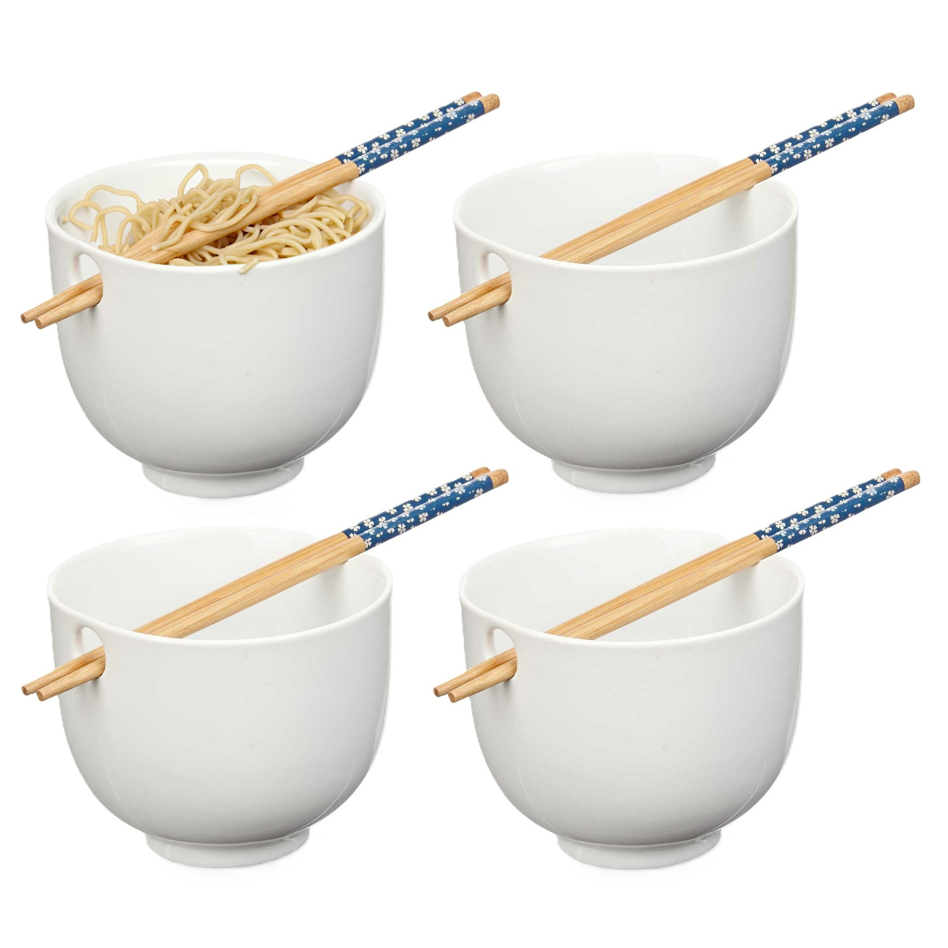 Kinvara Pokebowl/ramen/noedels servies set - 4x - kommetje en chopsticks - keramiek - wit - sushi eet set -