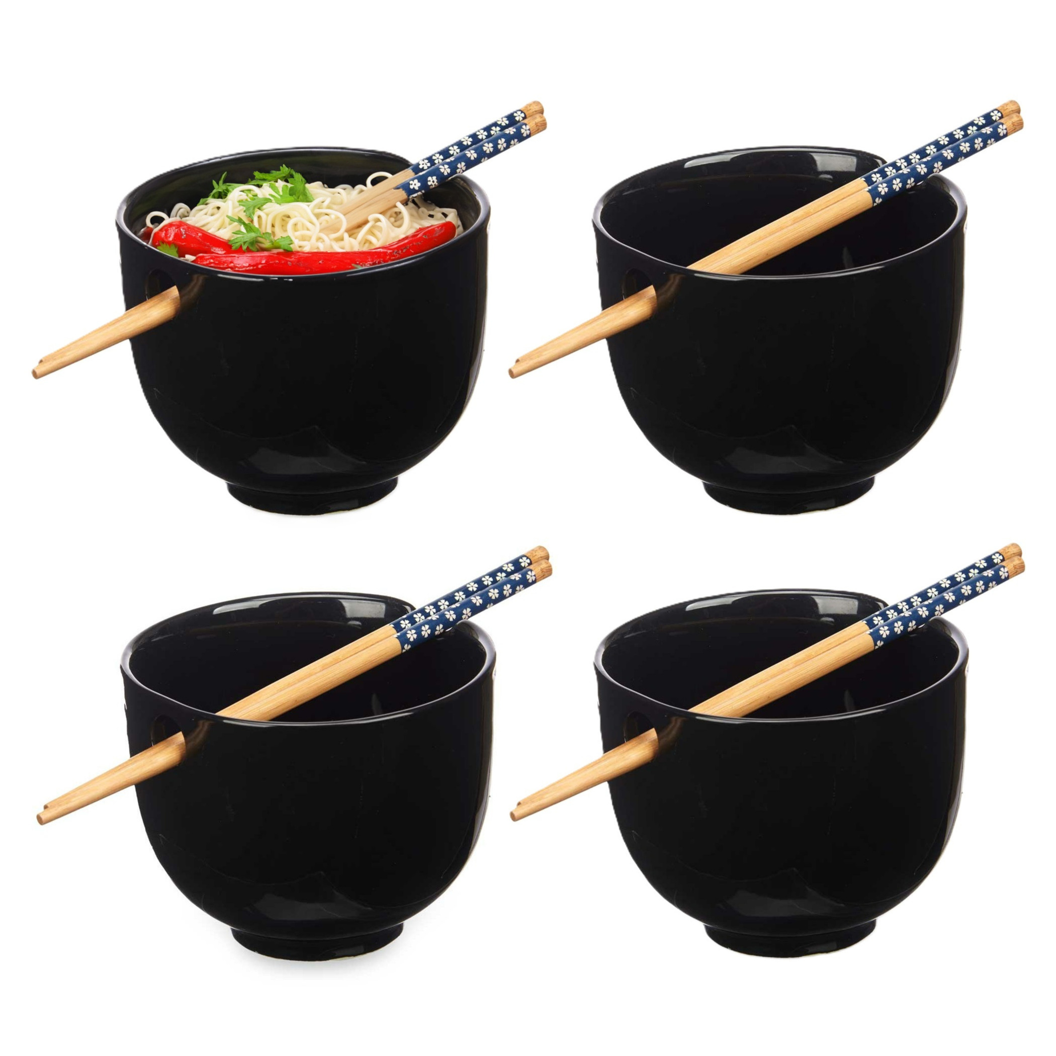 Kinvara Pokebowl/ramen/noedels servies set - 4x - kommetje en chopsticks - keramiek - zwart - sushi eet set -