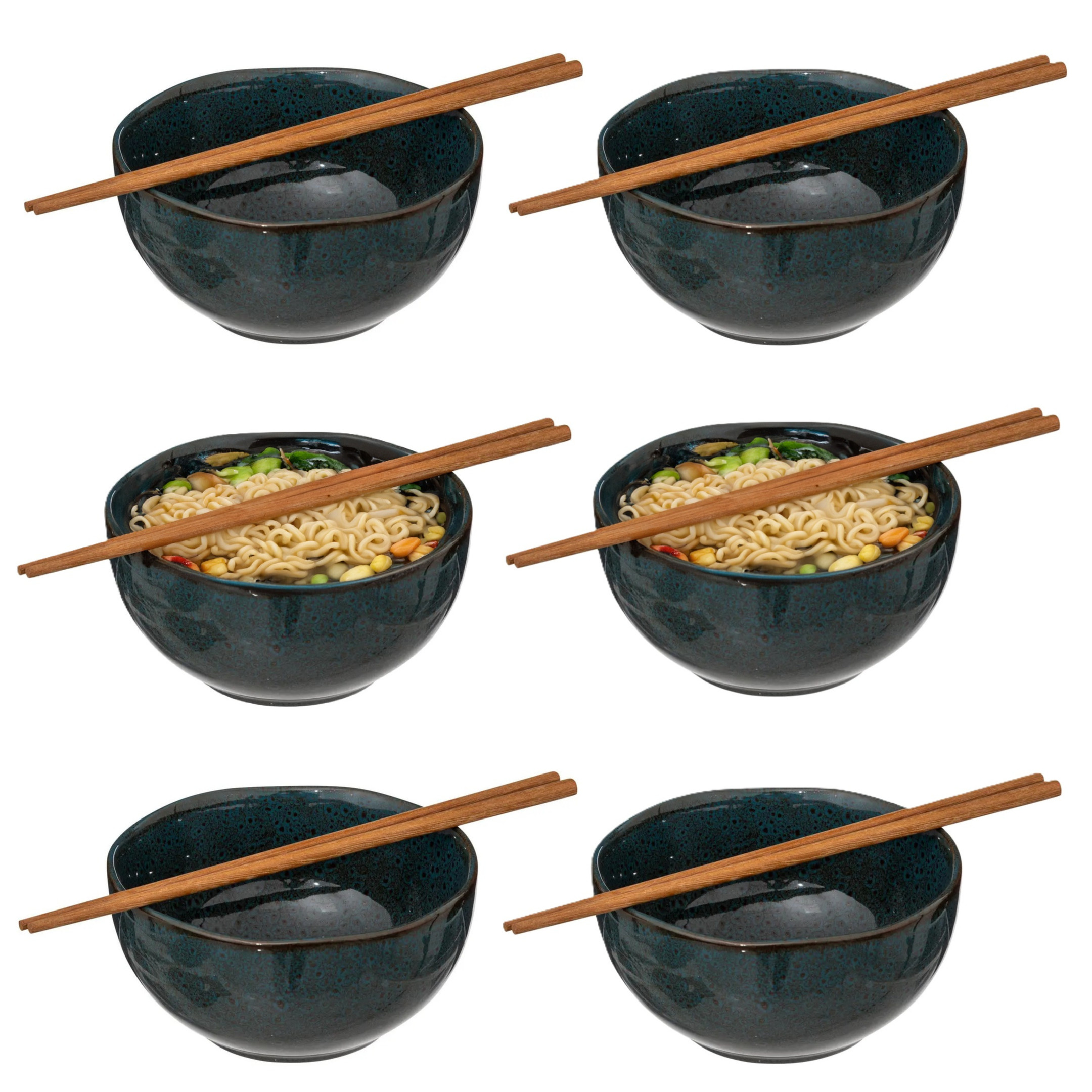 Secret de Gourmet Pokebowl/noedels servies - 6x stuks kommetjes met chopsticks - kunststeen - jade groen -