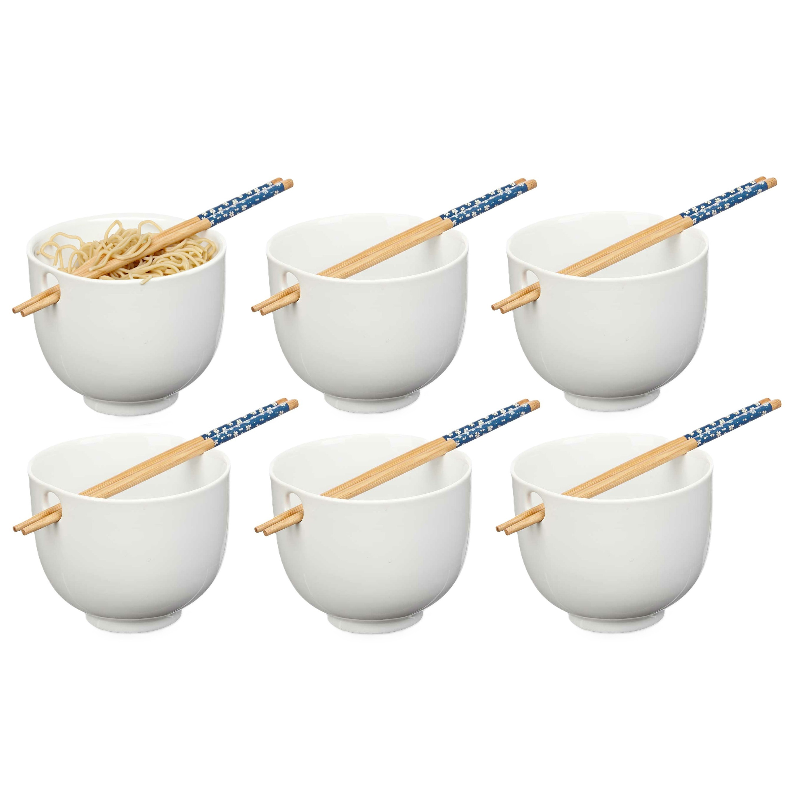 Kinvara Pokebowl/ramen/noedels servies set - 6x - kommetje en chopsticks - keramiek - wit - sushi eet set -