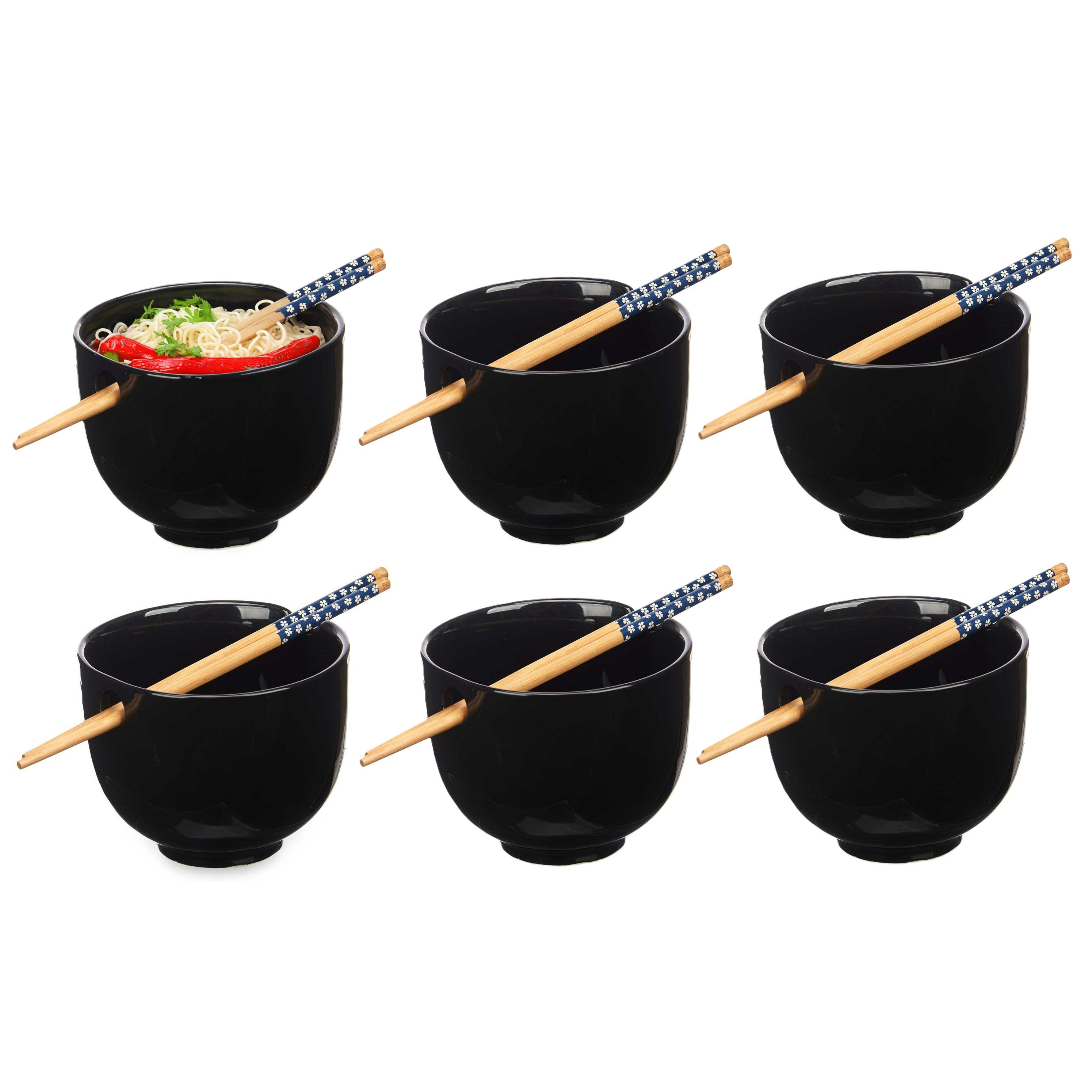 Kinvara Pokebowl/ramen/noedels servies set - 6x - kommetje en chopsticks - keramiek - zwart - sushi eet set -