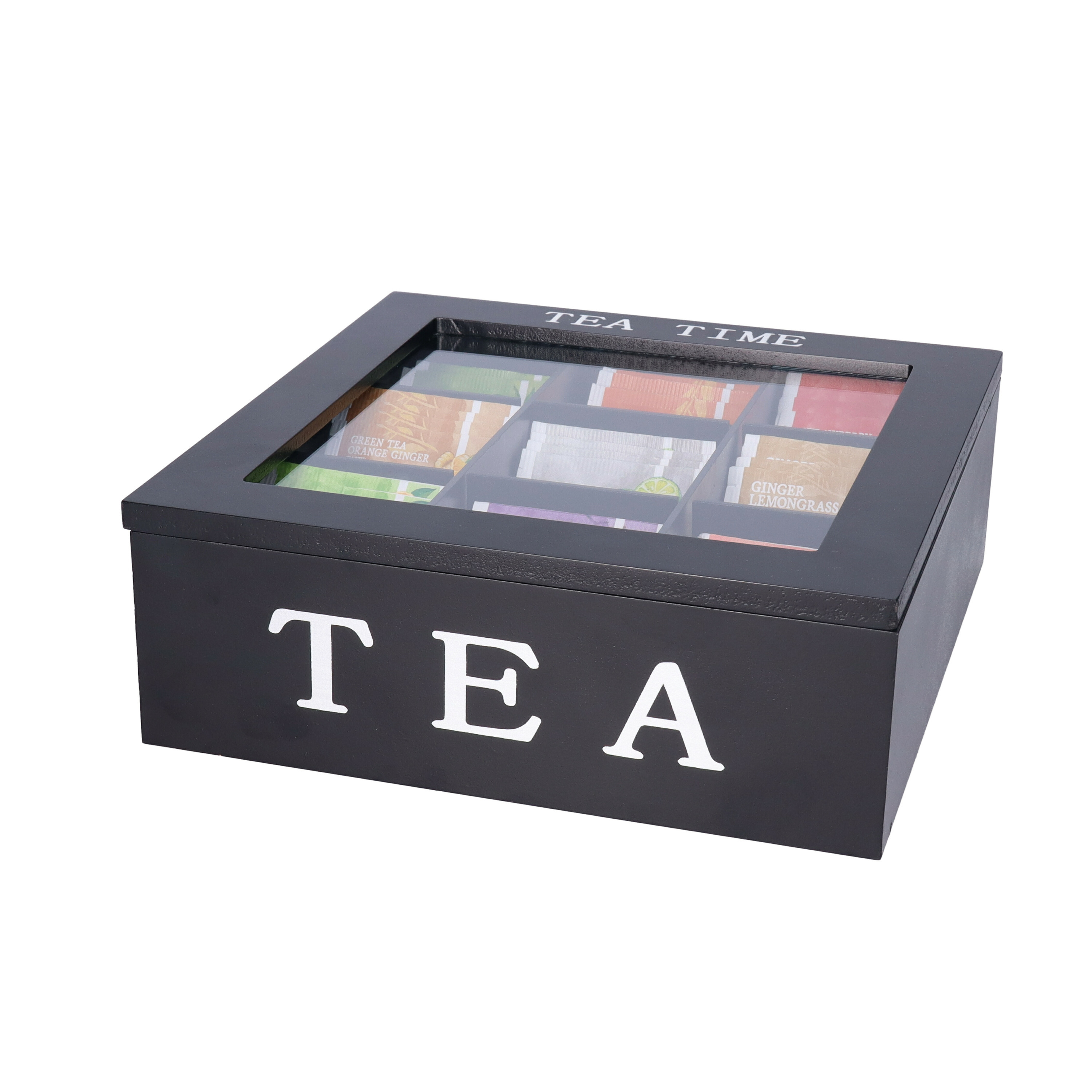 Bellatio Design Theedoos - zwart - 9 vaks - Tea Time - hout - L23 x H8 cm -