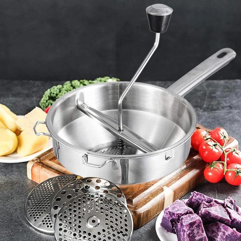 Yushena Multifunctionele voedselmolen, roestvrijstalen handmatige aardappelstampers, groentemodder met 3 ing-schijven A