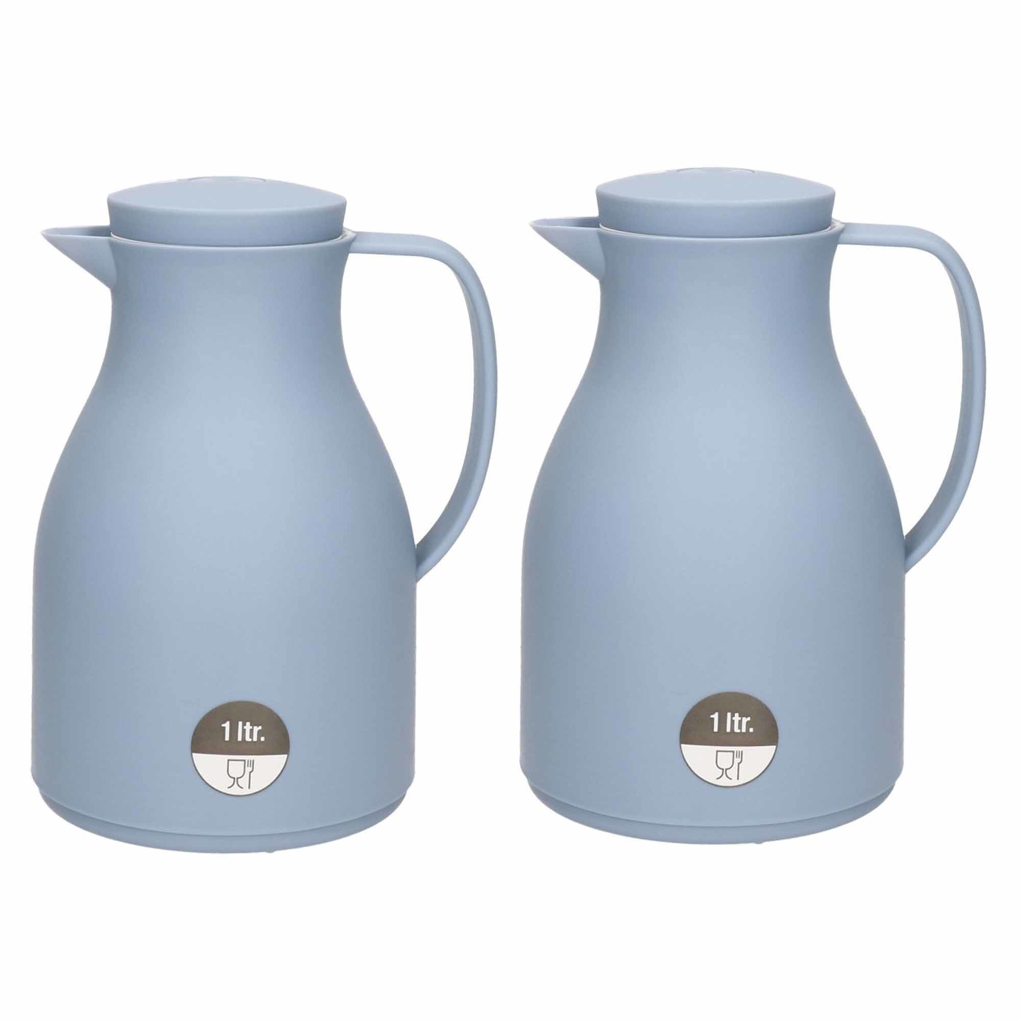 Merkloos Isoleerkan - 2x - blauw - met drukknop - 1 liter - Koffiekan - thermoskan - warmhoud kan -