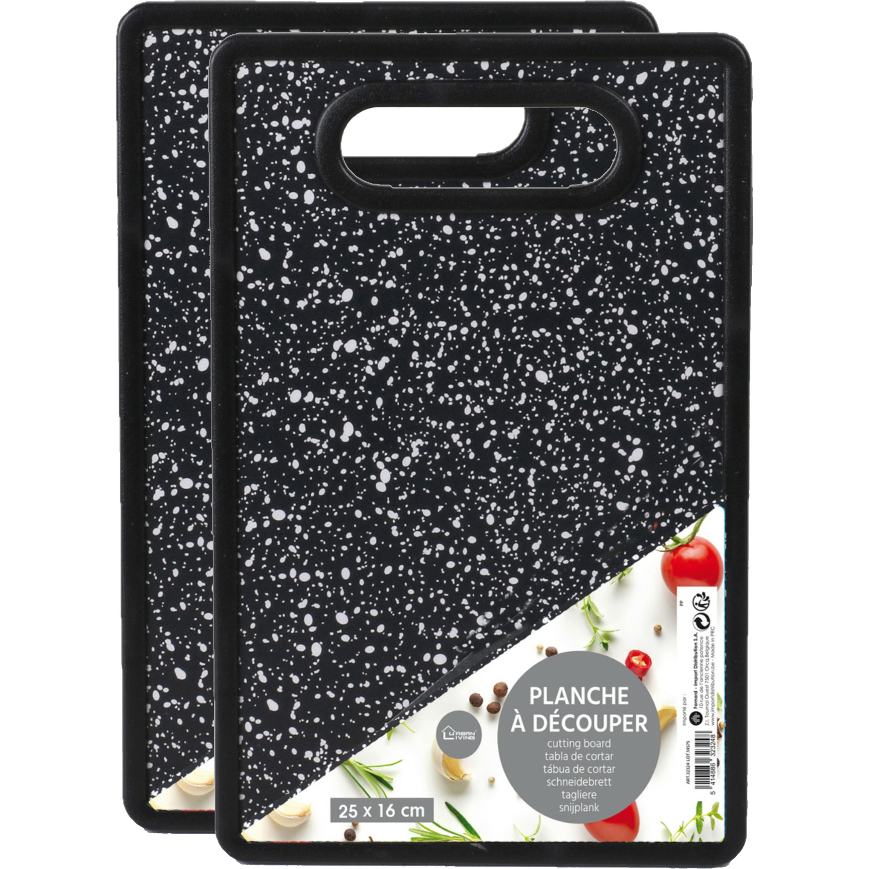 Urban Living keuken Snijplank - 2x - marmer look - zwart - kunststof - 25 x 16 cm -