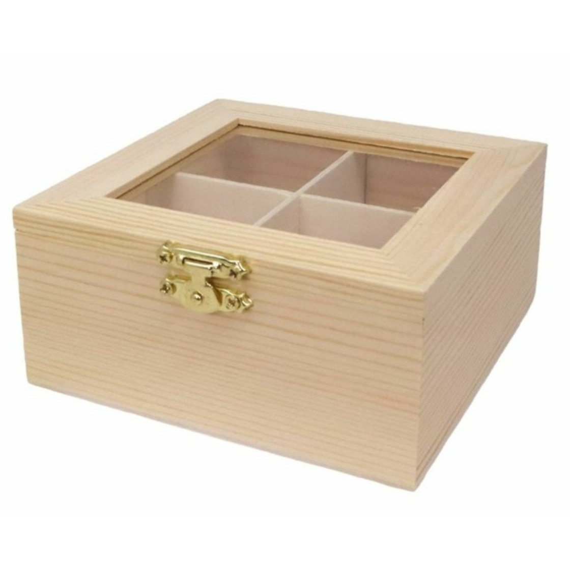 Concorde Theedoos - 4-vaks - naturel - hout - 12 x 12 x 5 cm - theekist- onbedrukt -