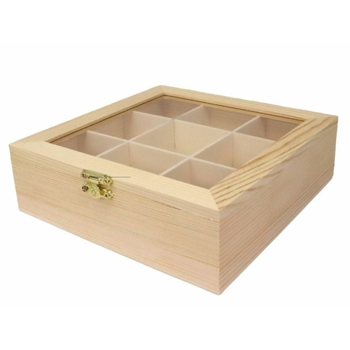 Concorde Theedoos - 9-vaks - naturel - hout - 18 x 18 x 5 cm - theekist - onbedrukt -