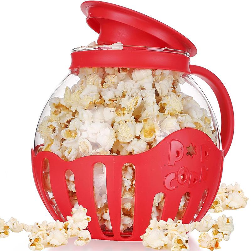 DC-Home-2 LMETJMA 2,25QT magnetron glazen popcornpopper met siliconen deksel Magnetron popcornpopper met temperatuurbestendig glas JT186 rood