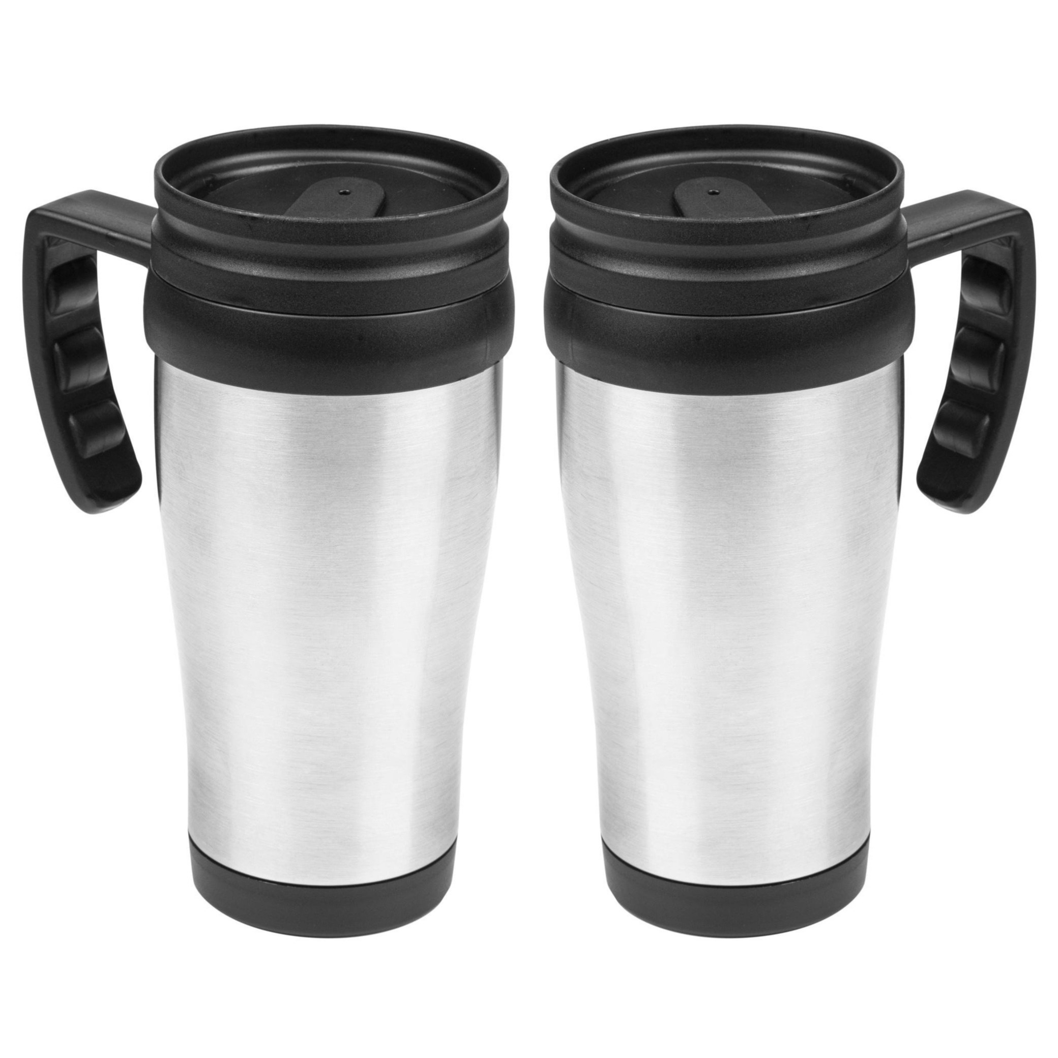 HI Thermosbeker/warmhoudbeker Koffie To Go - 2x - zilver/zwart - 450 ml - koffie/thee bekers - dubbelwa -