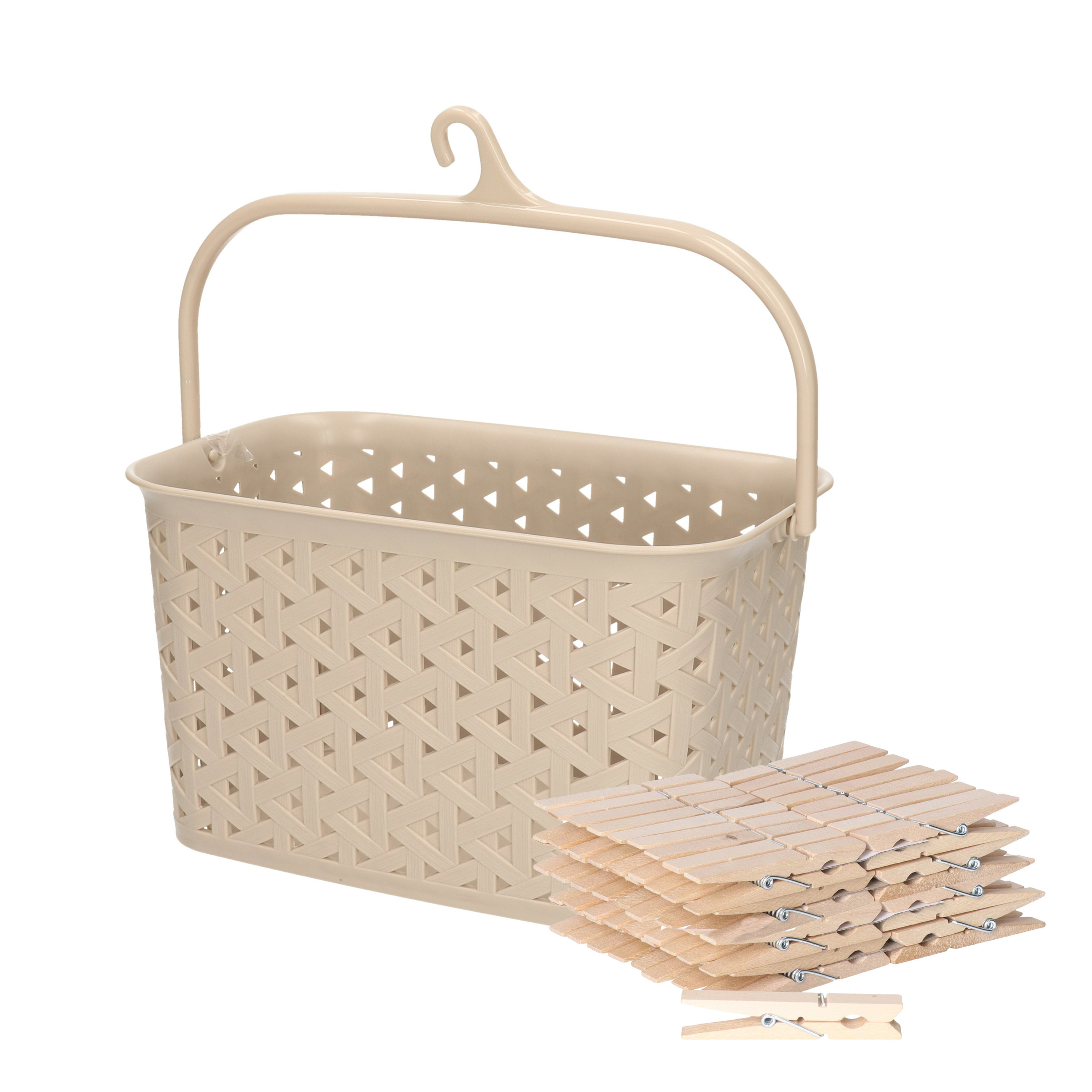 Sorbo Wasknijpers met 72x houten wasknijpers - In kunststof mandje - beige - met ophang haak -