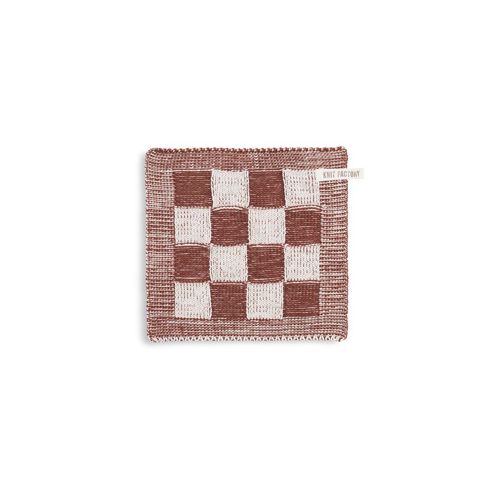 Knit Factory  gebreide pannenlap geruit - roest/ecru
