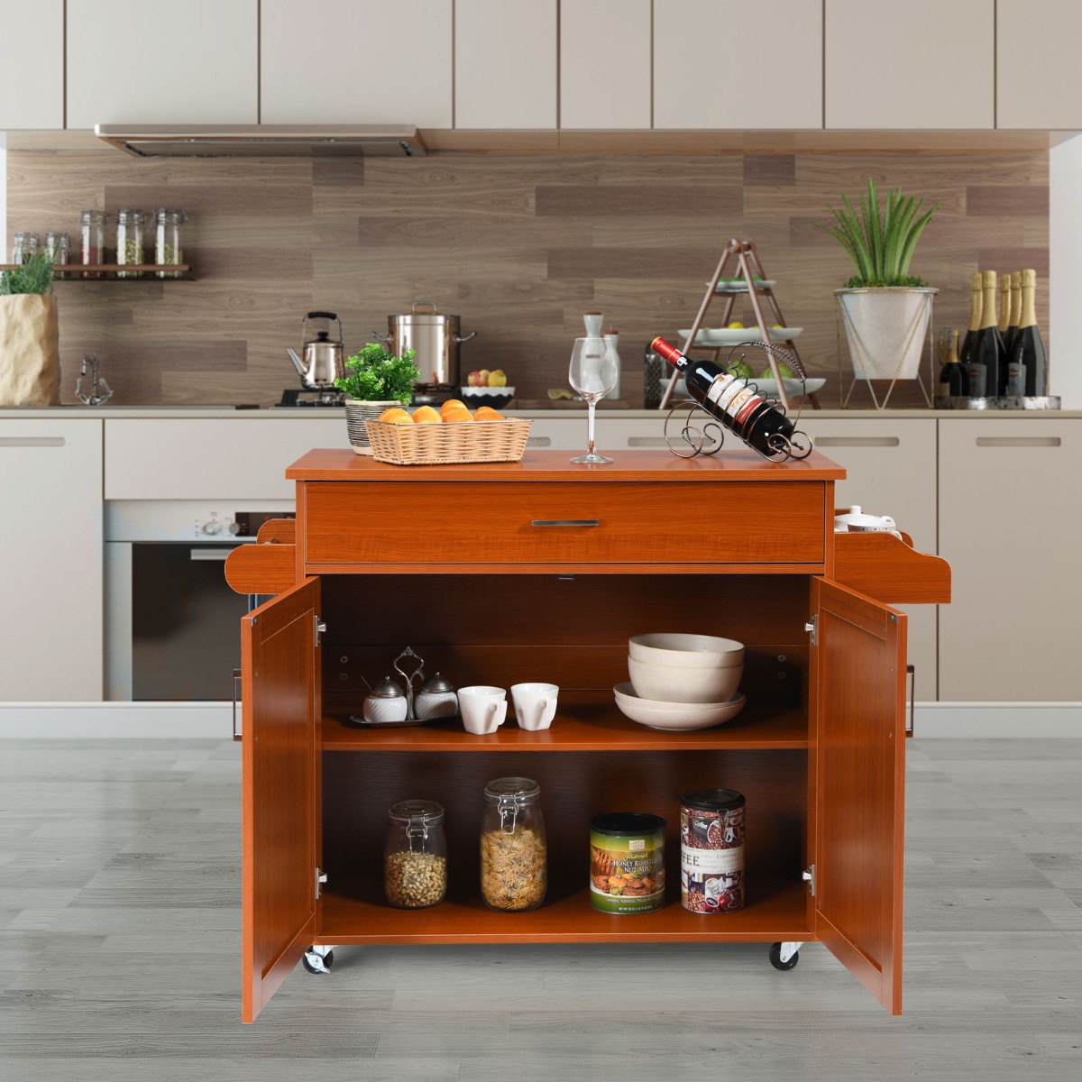 Costway Keukentrolley met Handdoekenrek en Kruidenrek Keukeneiland met Lade 116 x 40 x 85 cm Bruin