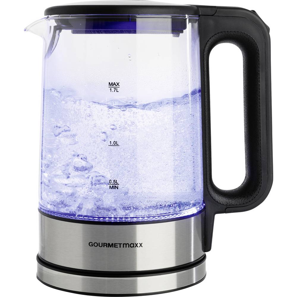 GourmetMaxx Glas-Wasserkocher LED 1,7l 2200W Edelstahl/schwarz kabellos Waterkoker Kabelgebonden Aantal/Volume: 1.7 l Zwart/RVS, Glas