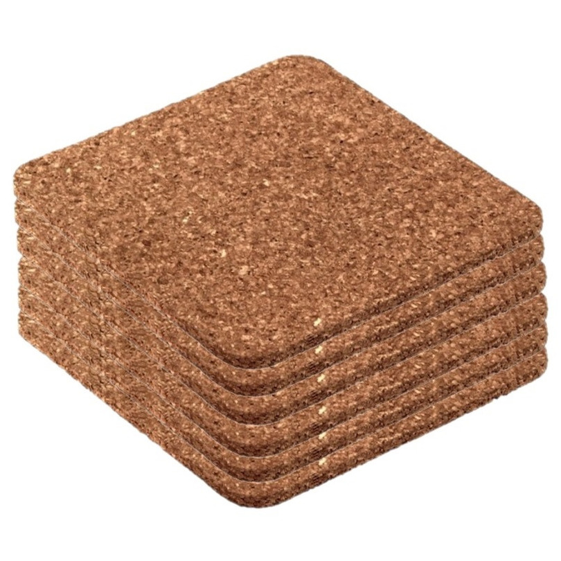 Merkloos 6x stuks vierkante glazen onderzetters van kurk 9.5 x 9.x5 cm -