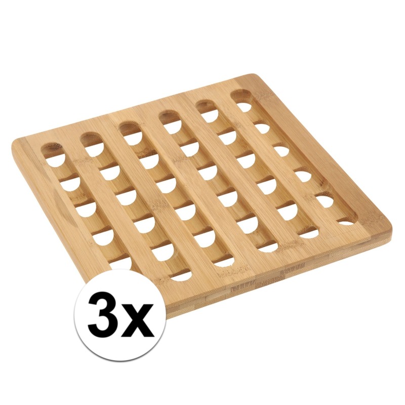 Merkloos Pannenonderzetter - 3x - bamboe hout - L20 x B20 x H1 cm - hittebestendig -