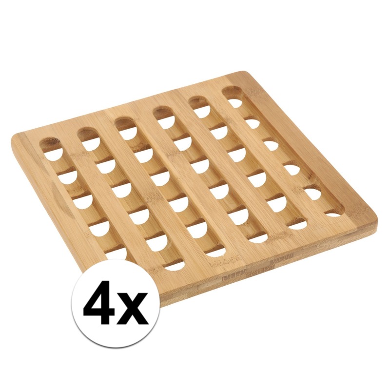 Merkloos Pannenonderzetter - 4x - bamboe hout - L20 x B20 x H1 cm - hittebestendig -