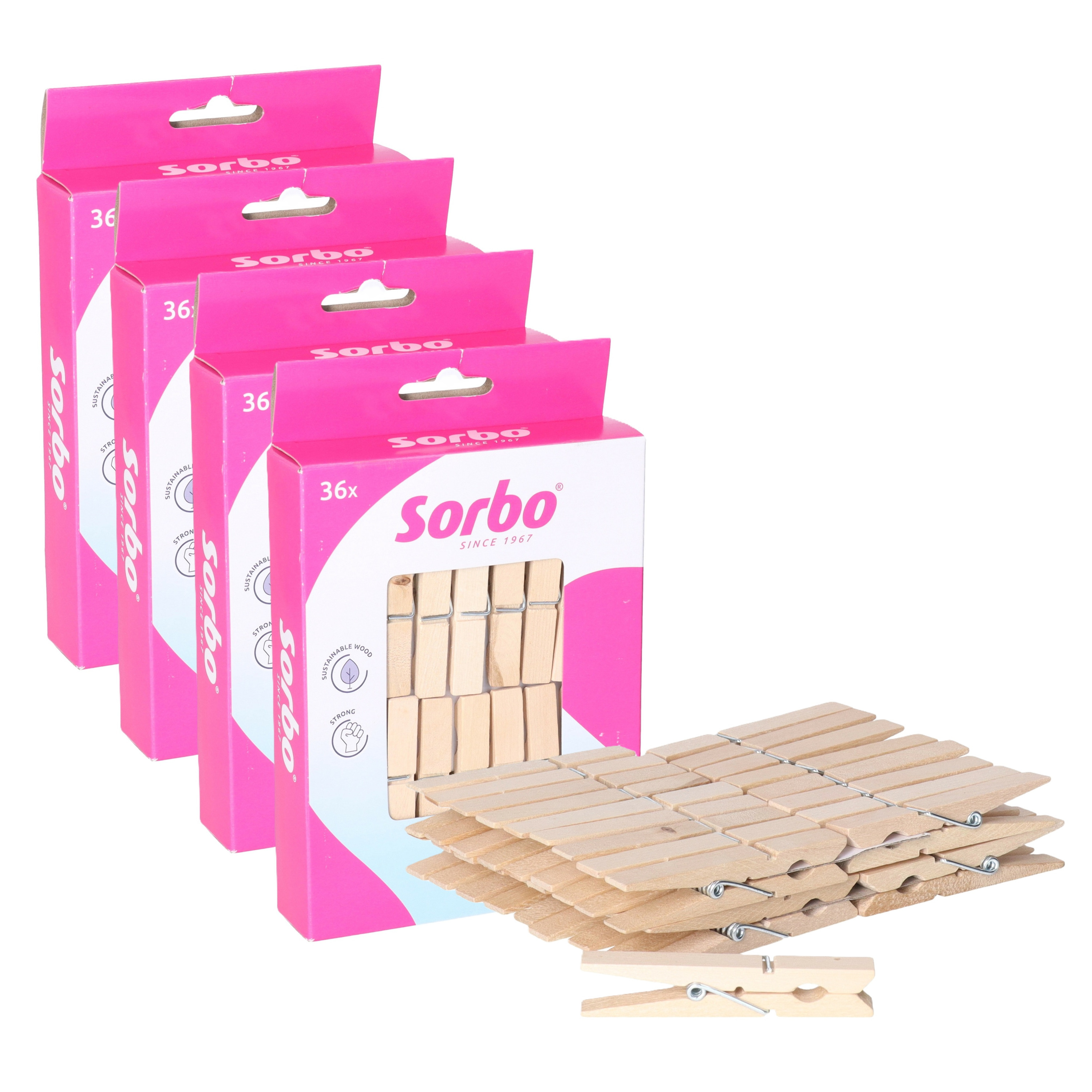 Sorbo wasknijpers van hout - 144x stuks - knijpers - wasspelden - wasgoed drogen en ophangen -