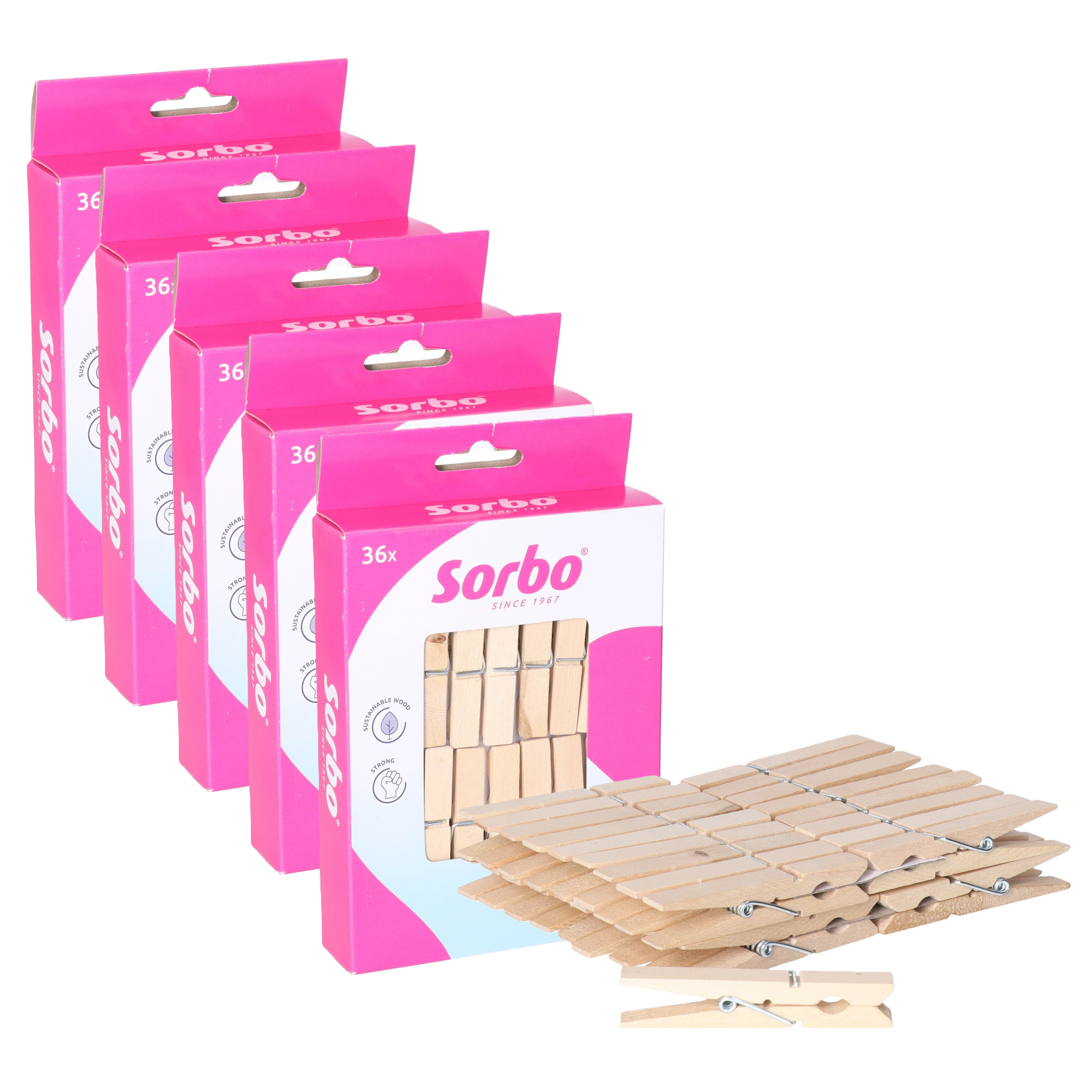 Sorbo wasknijpers van hout - 180x stuks - knijpers - wasspelden - wasgoed drogen en ophangen -