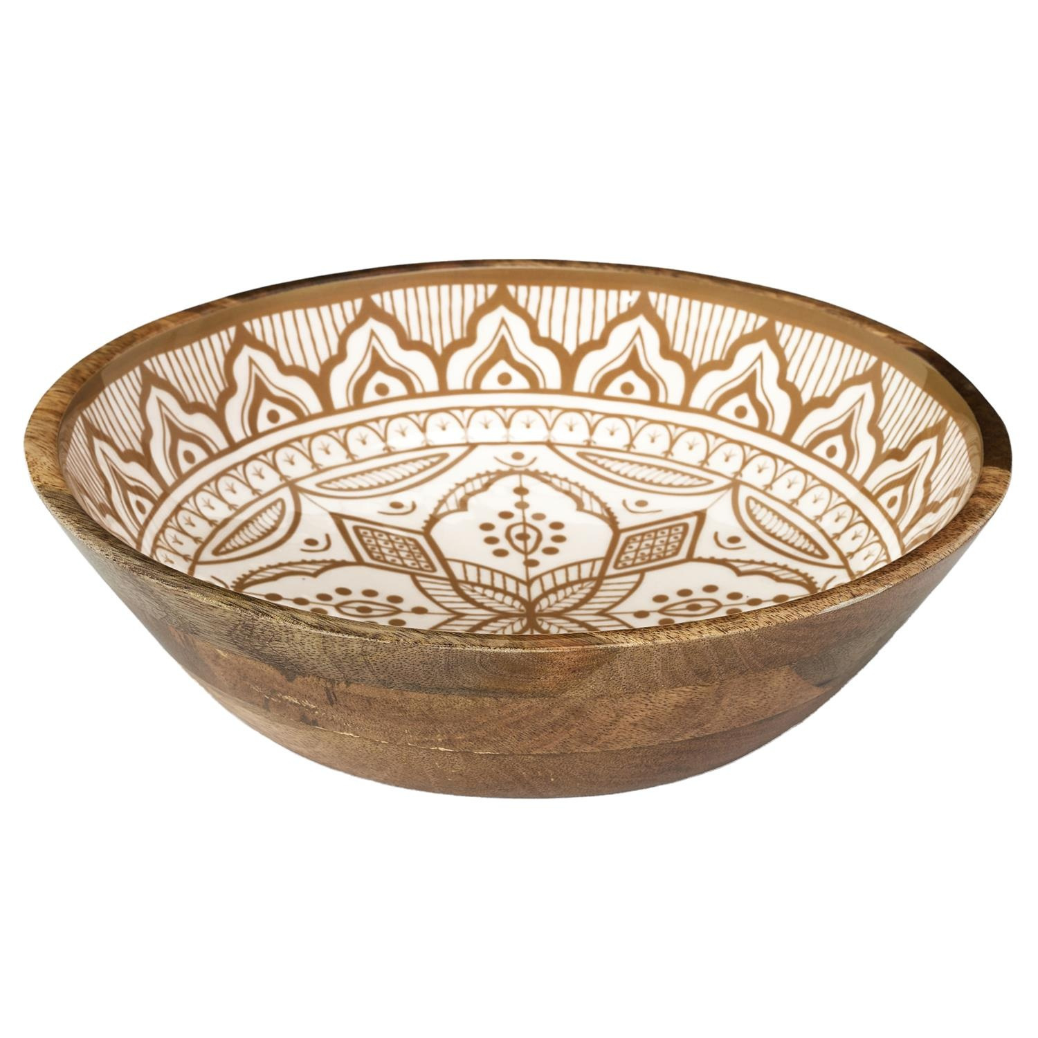 Home Deco Factory Salade serveer schaal - Fruitschaal/fruitmand - mango hout - D28 x H7 cm - bruin/print -
