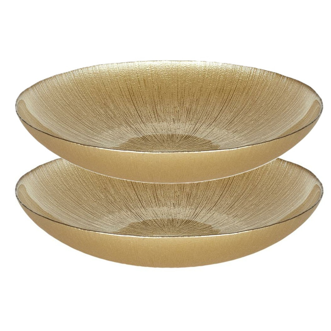 Home Deco Factory Salade serveer schaal - 2x - Fruitschaal/fruitmand - Glas - D30 x H6 cm - goud -