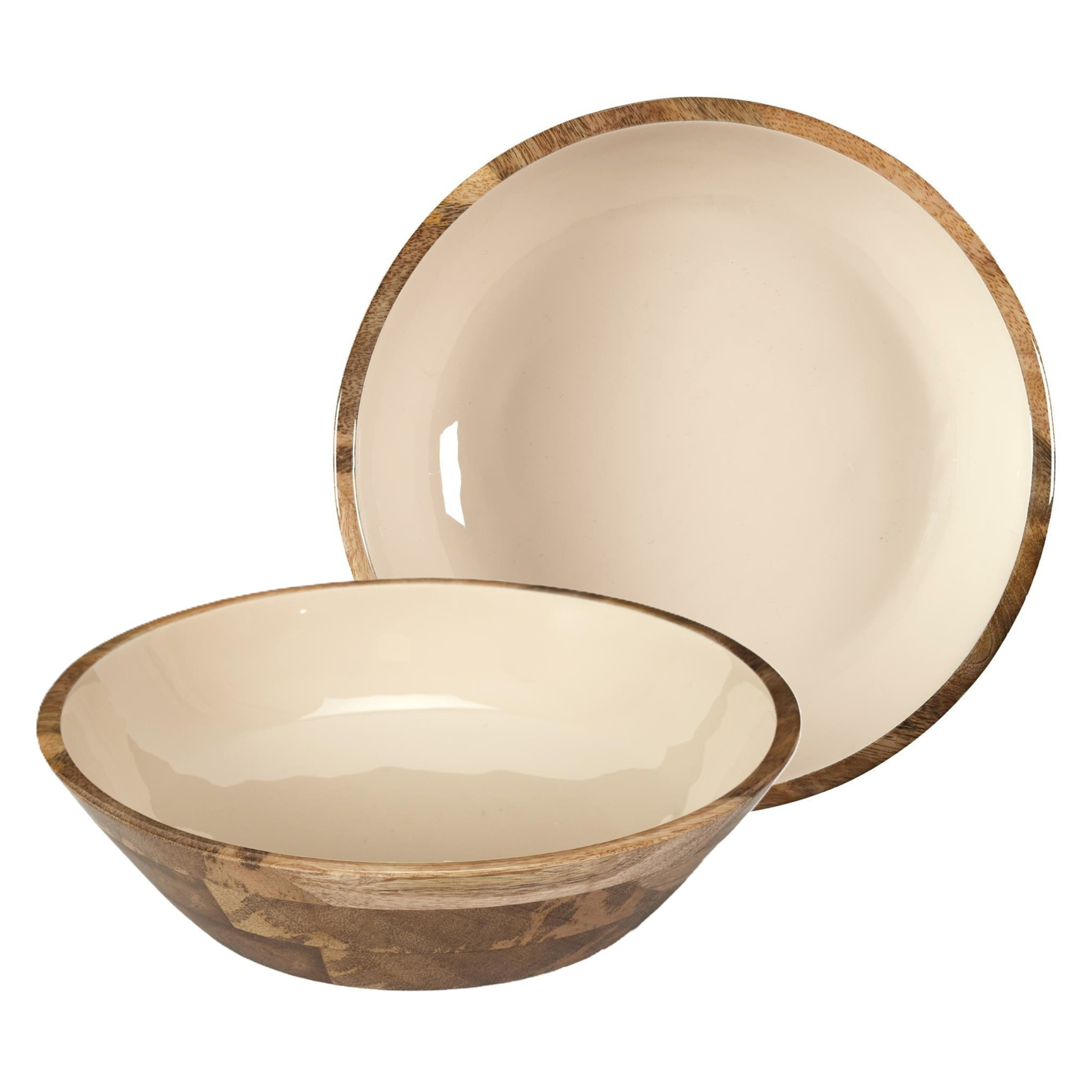 Home Deco Factory Salade serveer schaal - 2x - Fruitschaal/fruitmand - mango hout - D28 x H7 cm - bruin/beige -