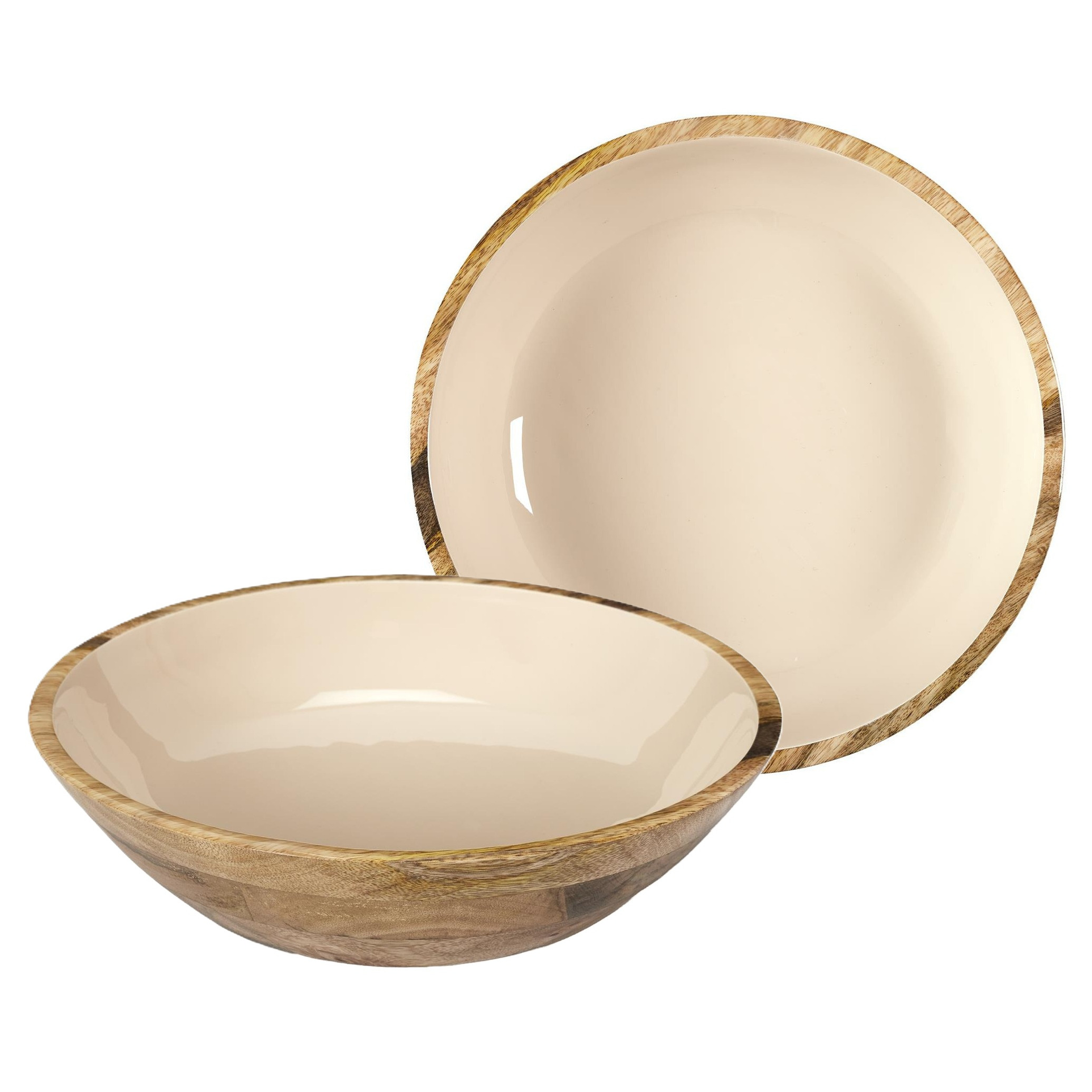 Home Deco Factory Salade serveer schaal - 2x - Fruitschaal/fruitmand - mango hout - D33 x H8 cm - bruin/beige -